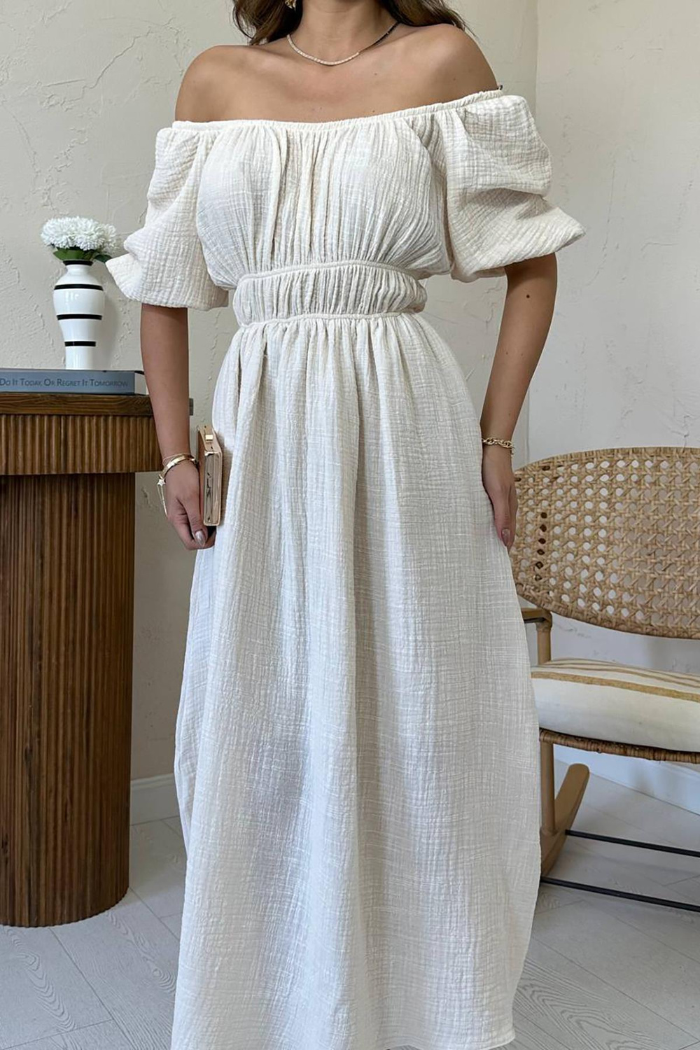 Wholesale Beige Muslin Linen Dress with Gathered Collar