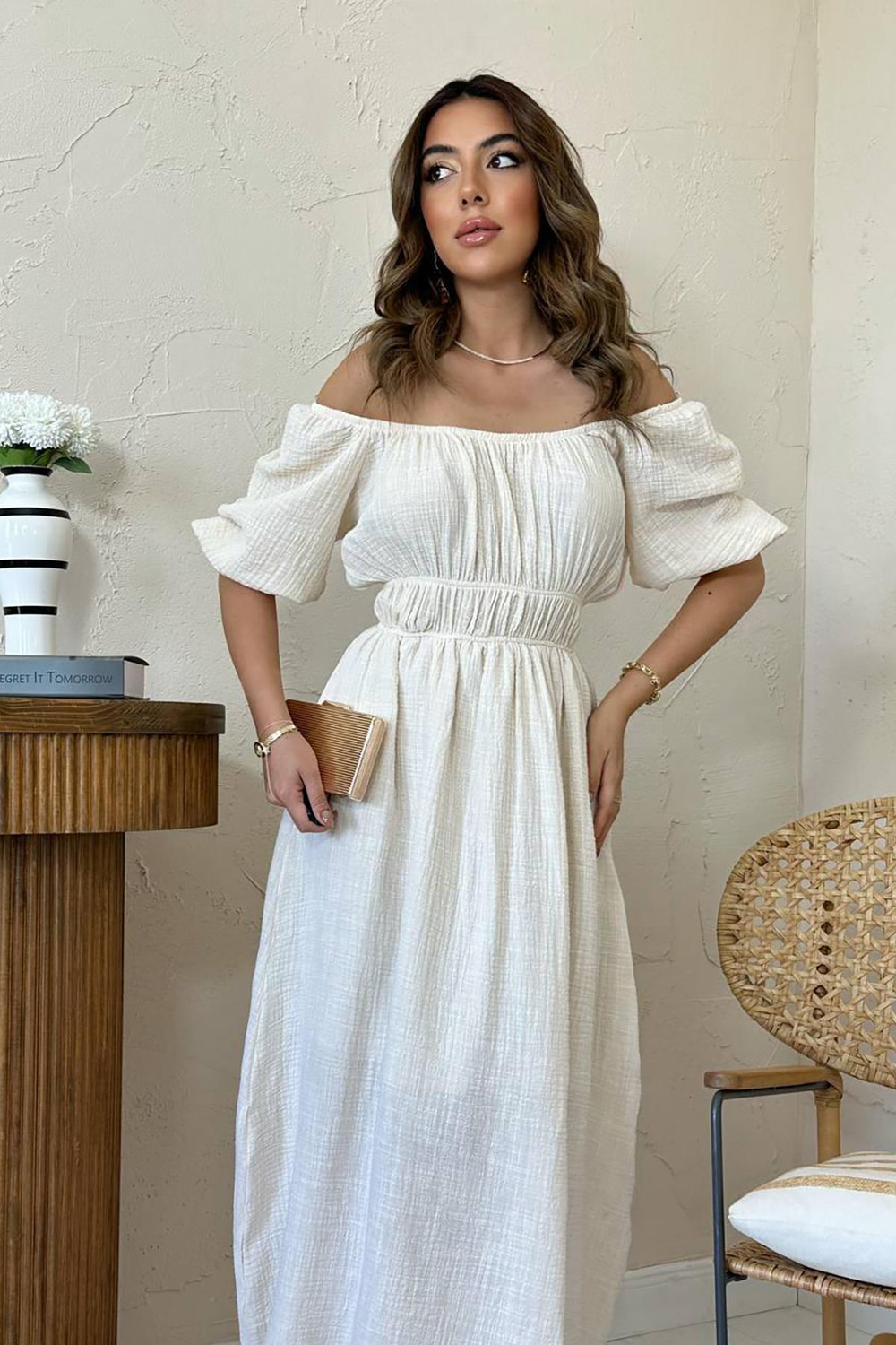 Wholesale Beige Muslin Linen Dress with Gathered Collar