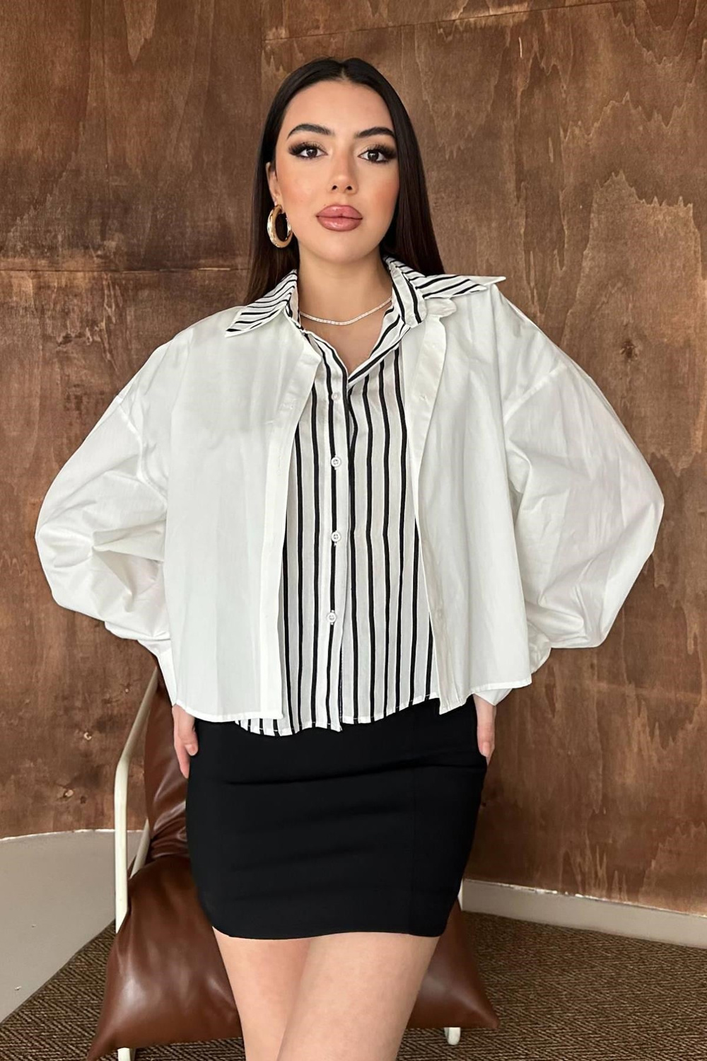 Wholesale White Double-Layered Striped Oversized Shirt