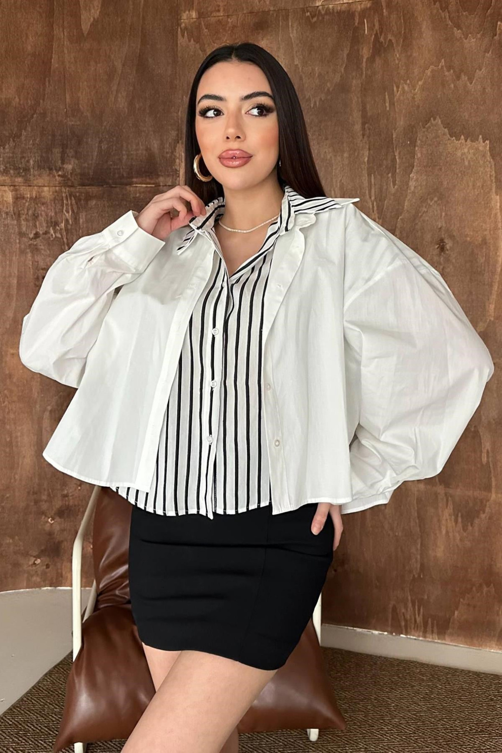 Wholesale White Double-Layered Striped Oversized Shirt