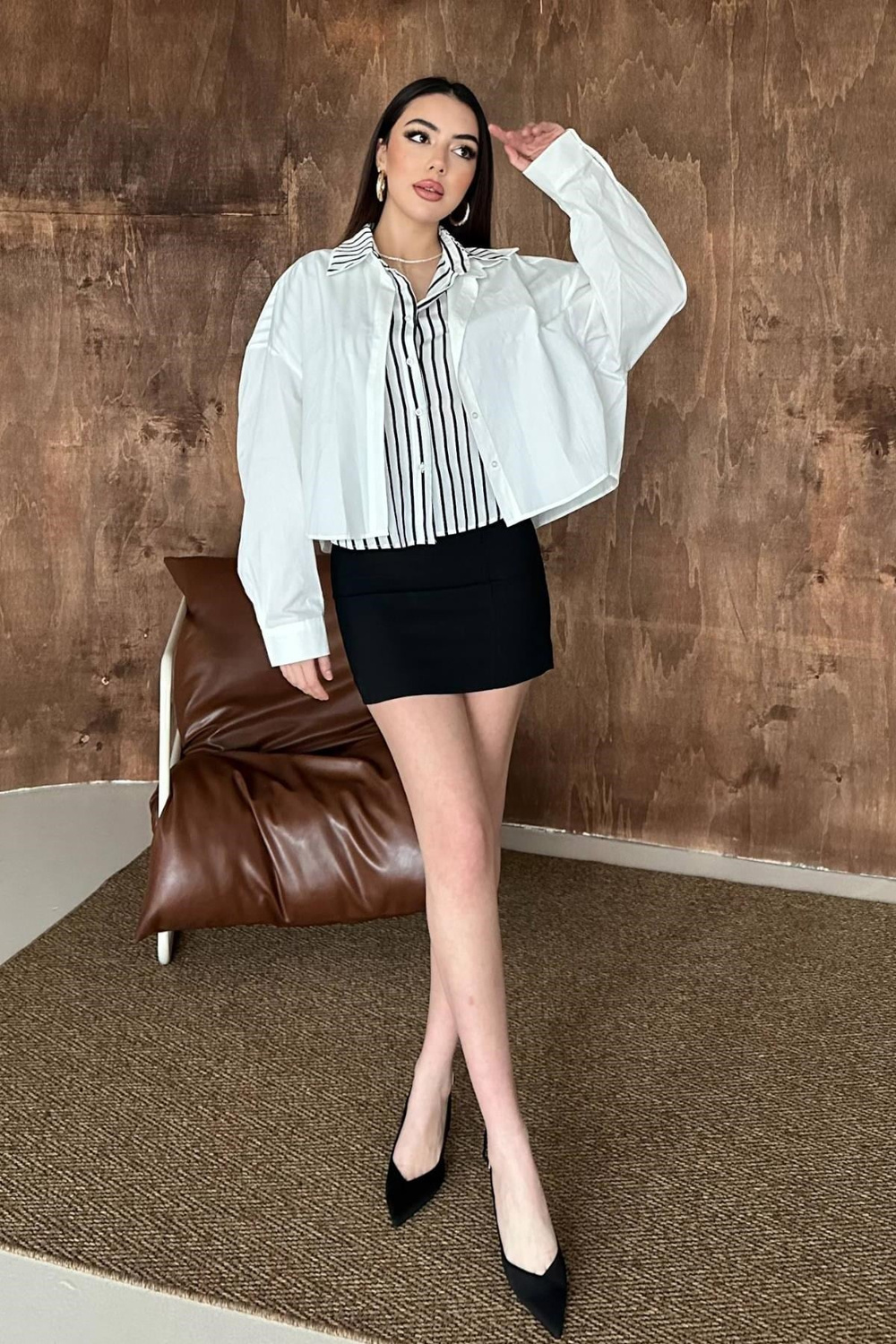 Wholesale White Double-Layered Striped Oversized Shirt