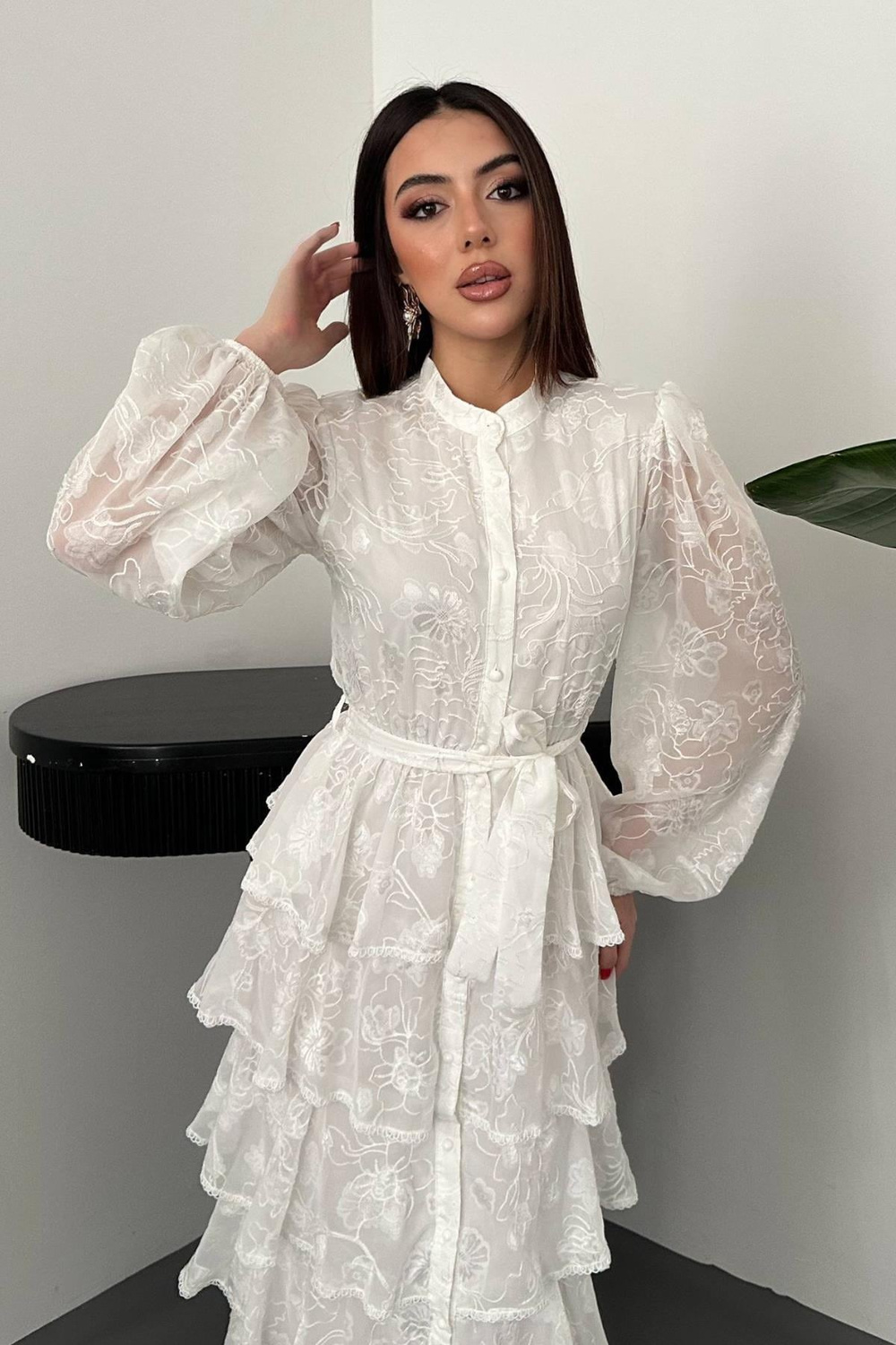 Wholesale White Layered Ruffled Dress