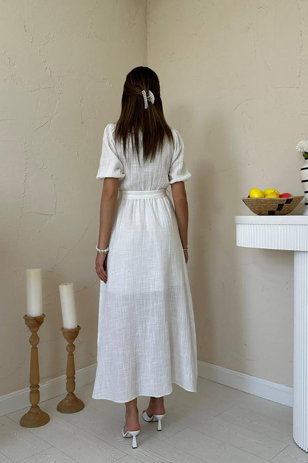Wholesale White Double-Breasted Muslin Linen Dress