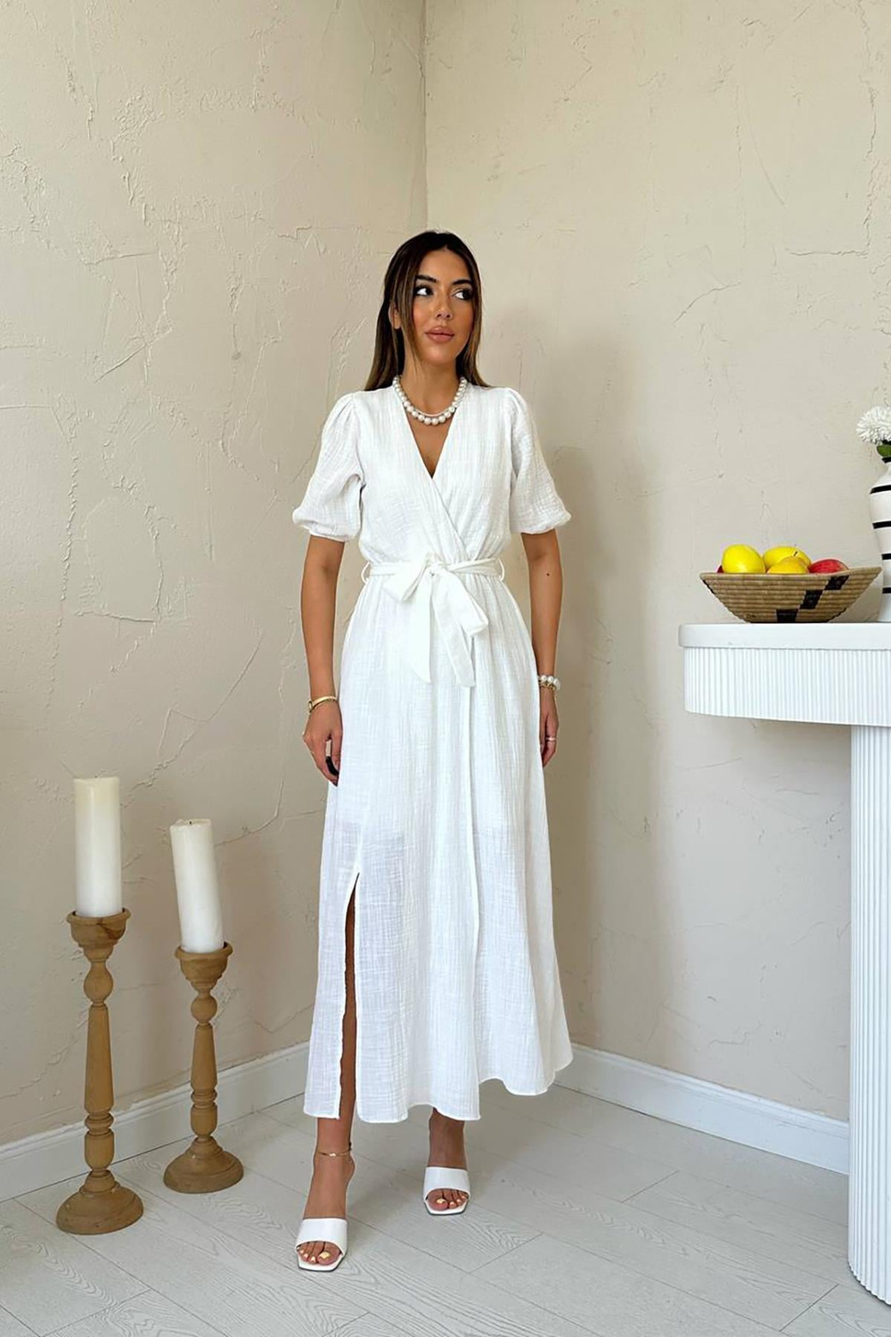 Wholesale White Double-Breasted Muslin Linen Dress