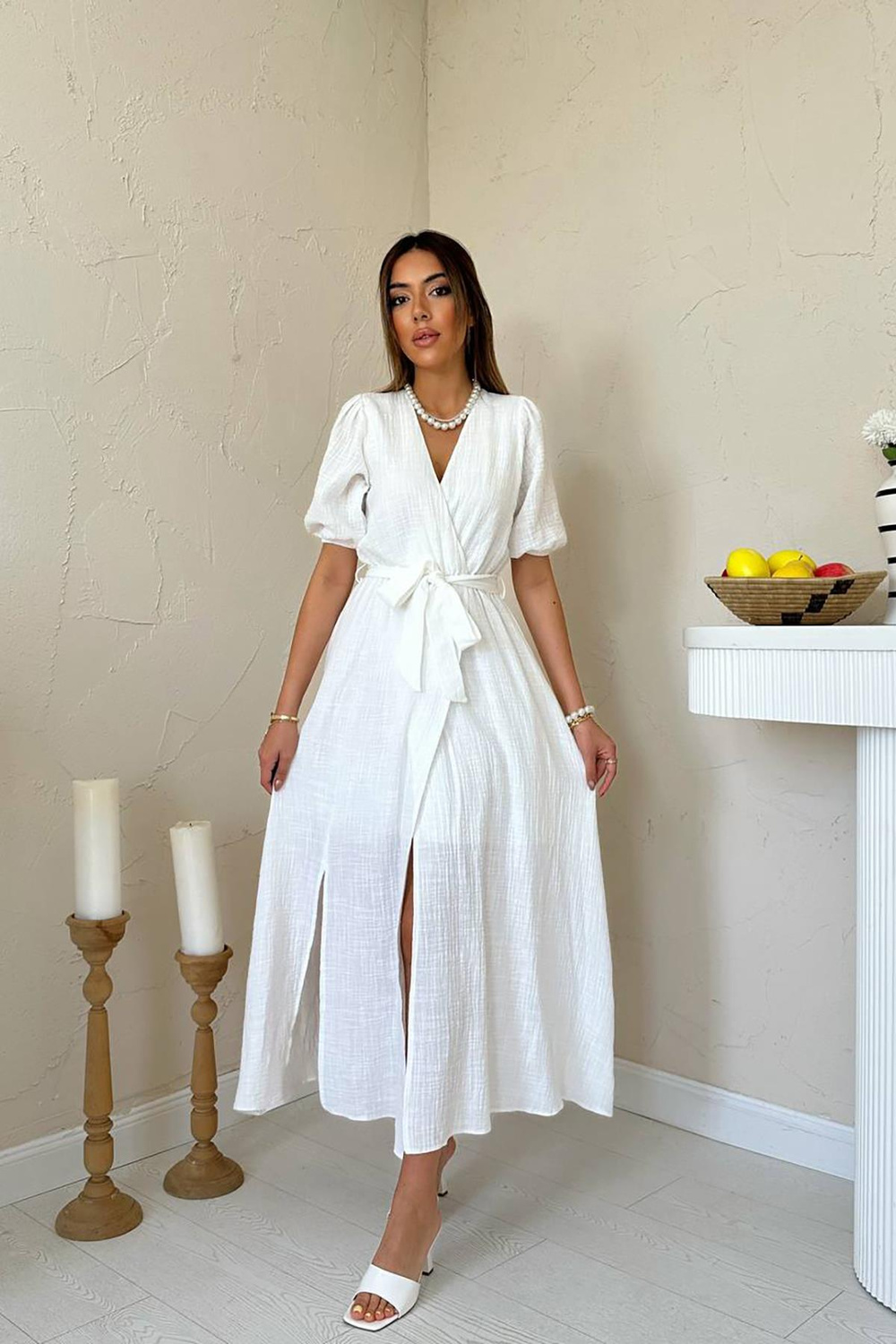 Wholesale White Double-Breasted Muslin Linen Dress