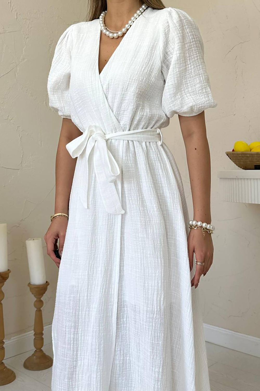 Wholesale White Double-Breasted Muslin Linen Dress