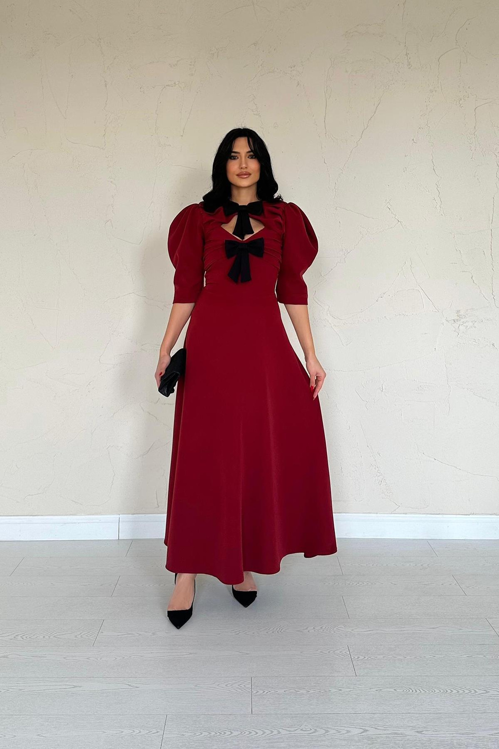 Wholesale Burgundy Front Decollete Long Dress with Bow