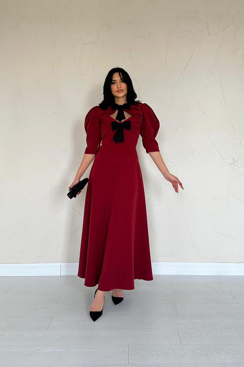 Wholesale Burgundy Front Decollete Long Dress with Bow