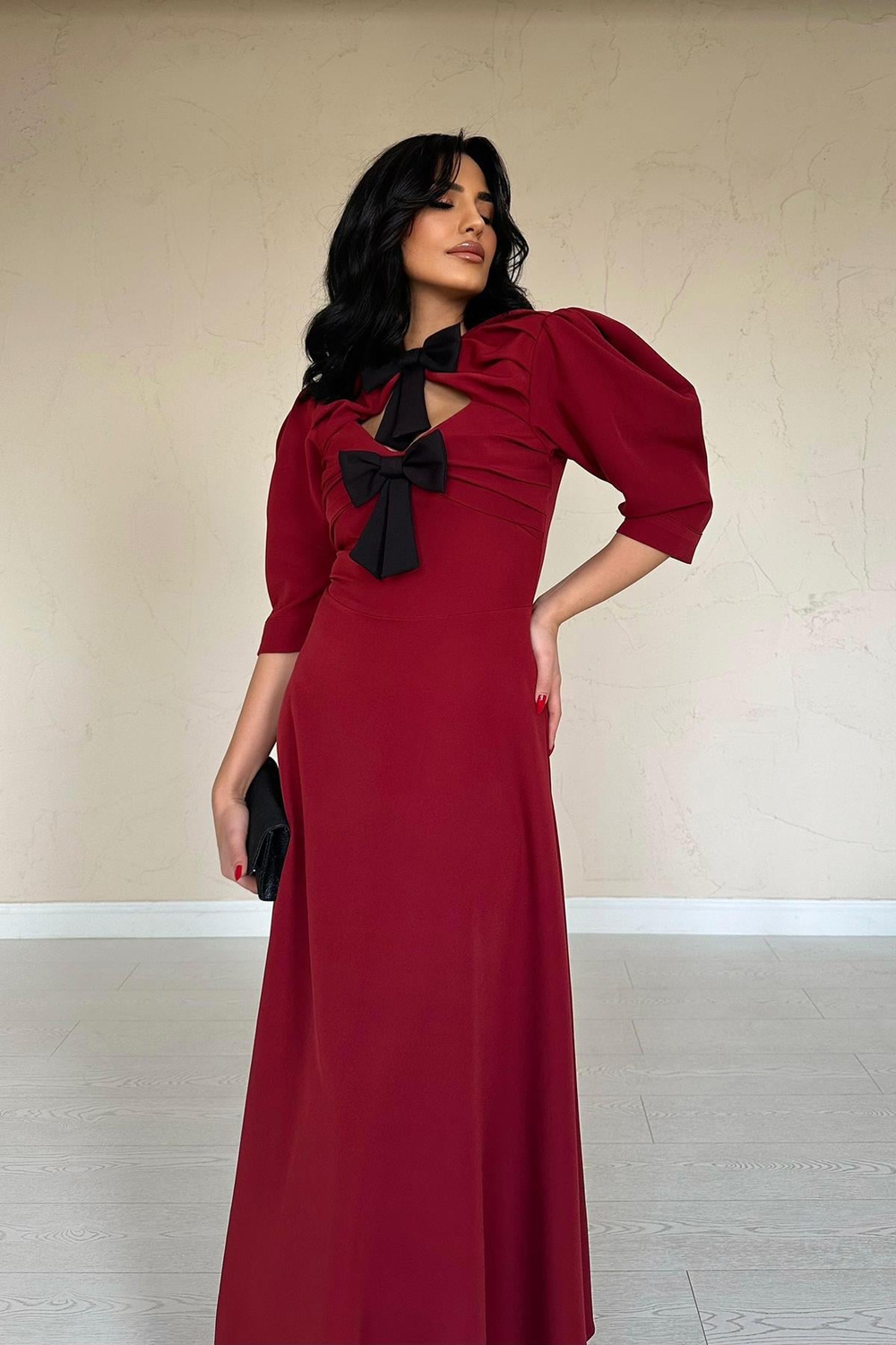Wholesale Burgundy Front Decollete Long Dress with Bow