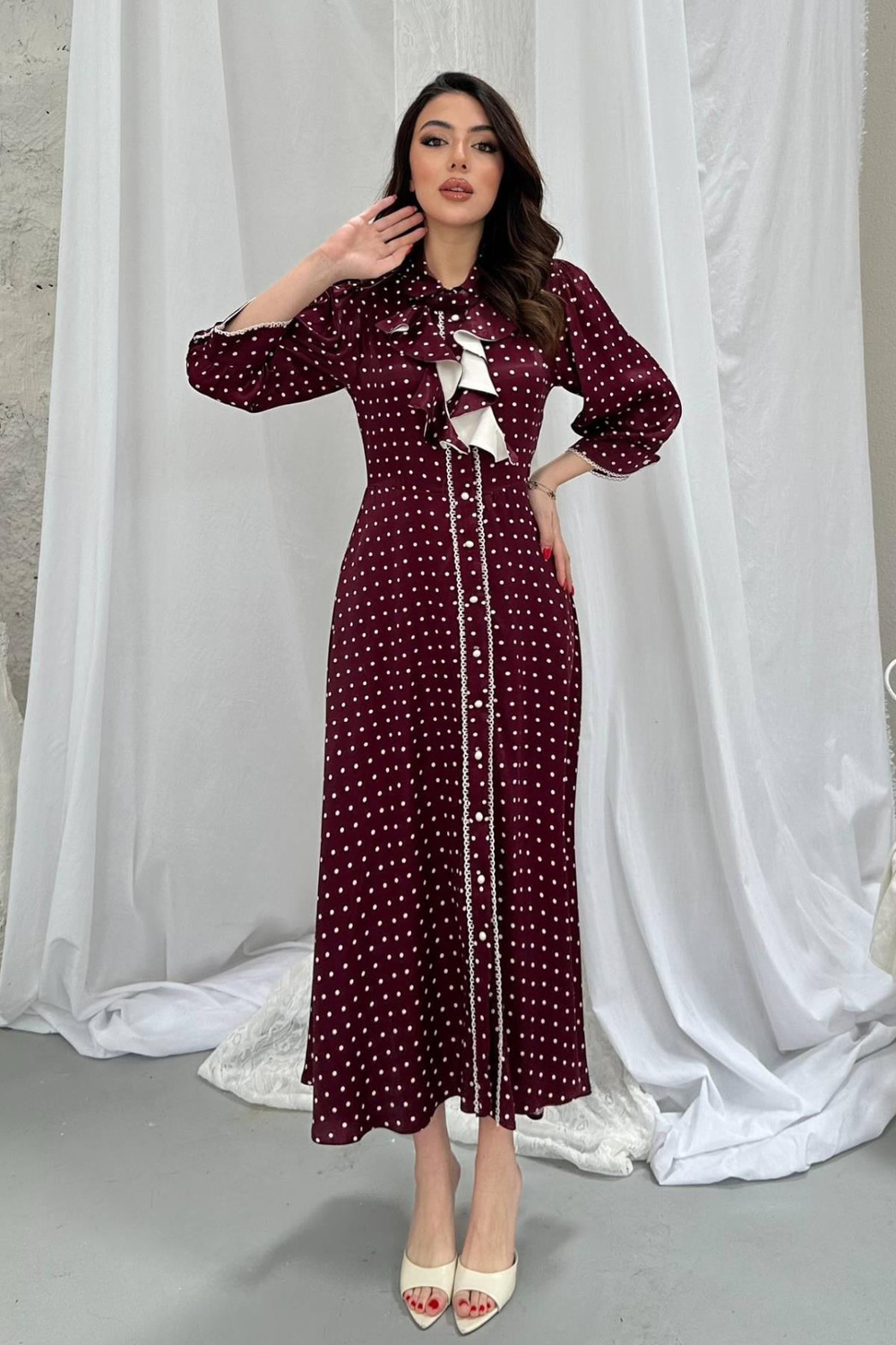 Wholesale Burgundy Polka Dot Dress with Button Front