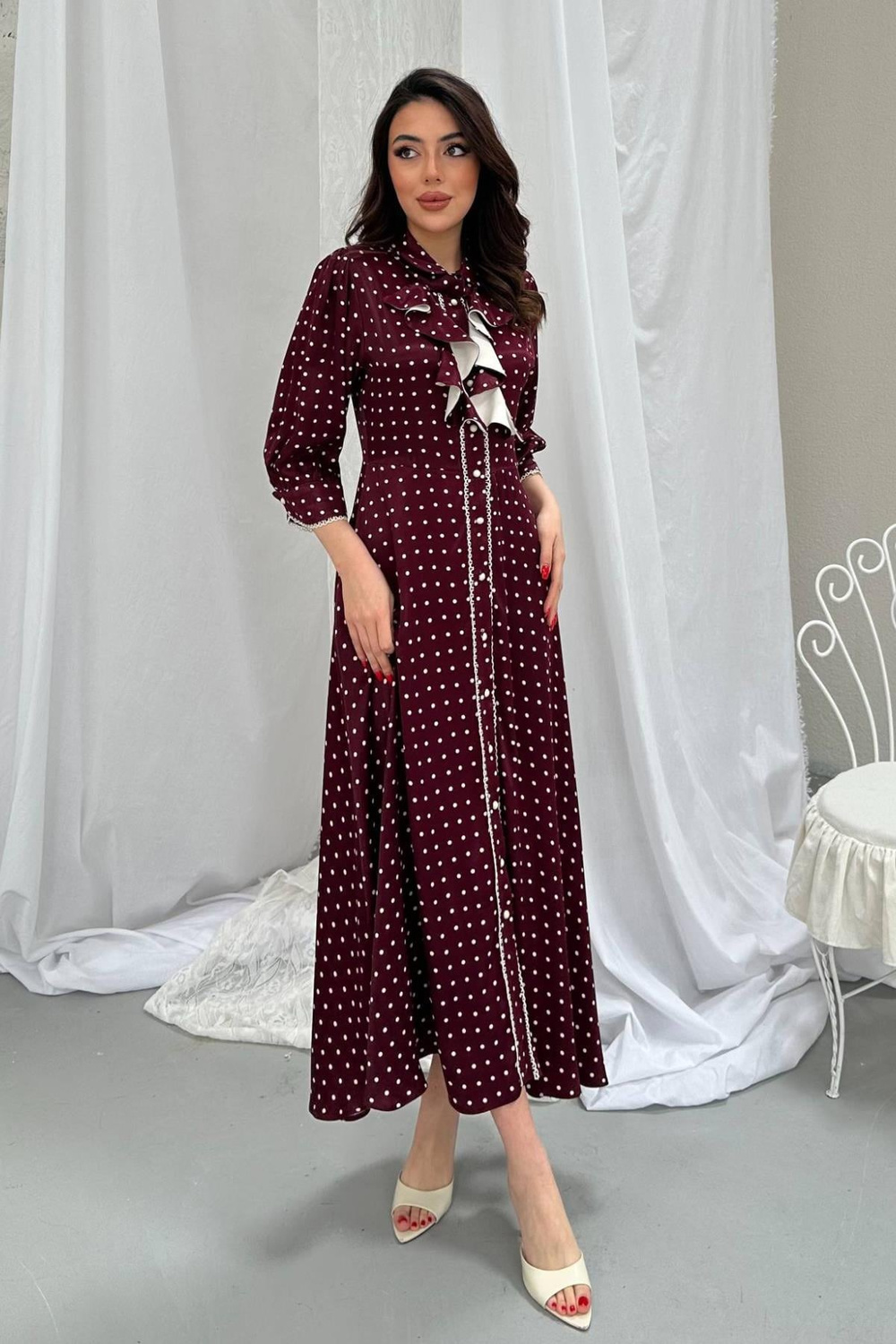 Wholesale Burgundy Polka Dot Dress with Button Front