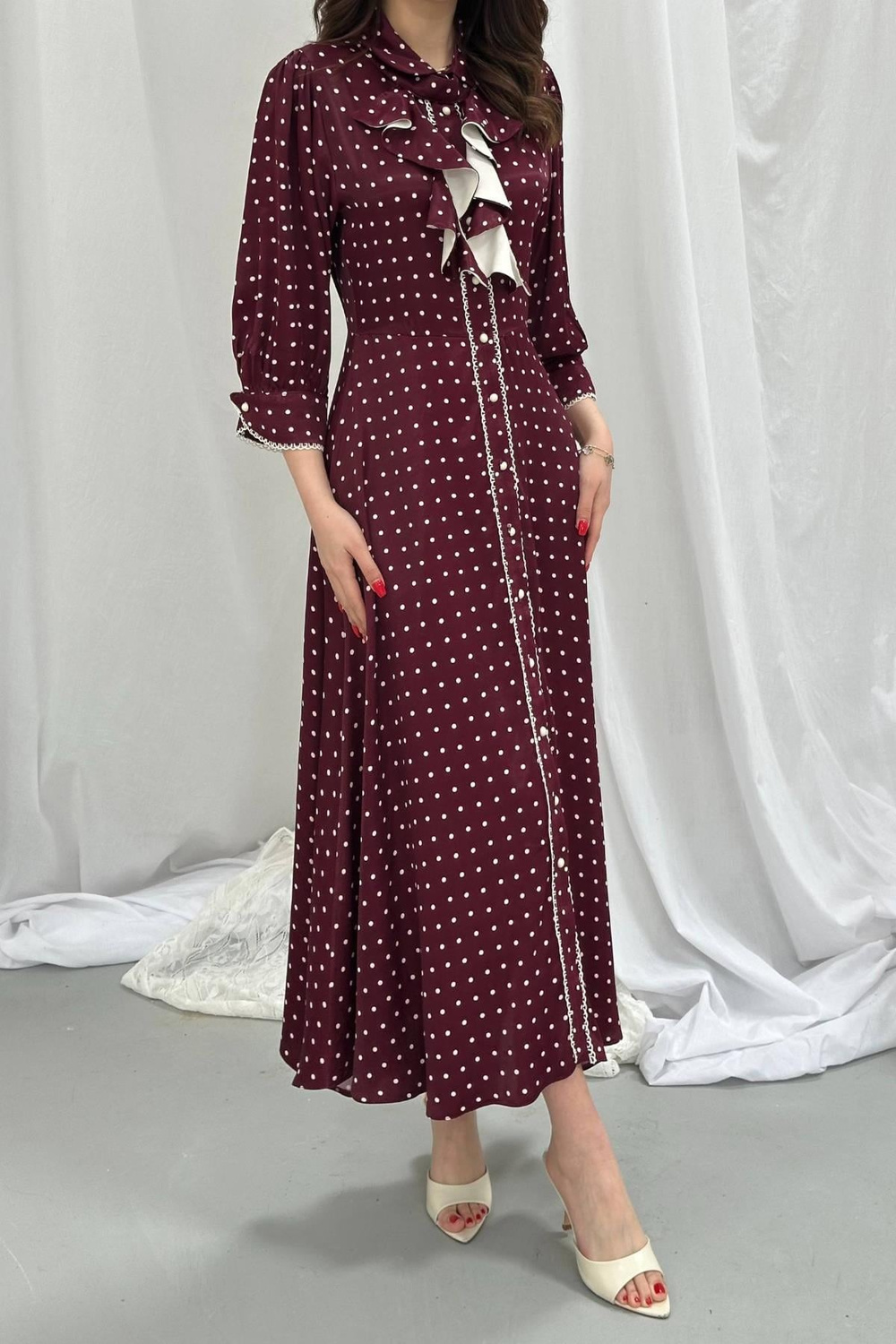 Wholesale Burgundy Polka Dot Dress with Button Front