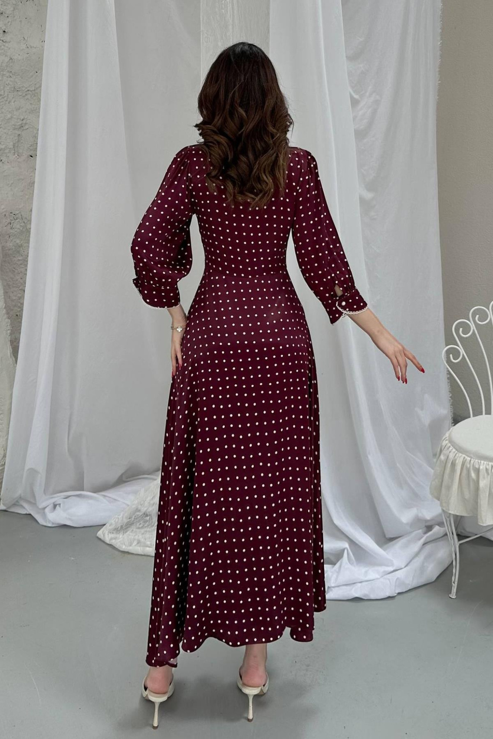 Wholesale Burgundy Polka Dot Dress with Button Front