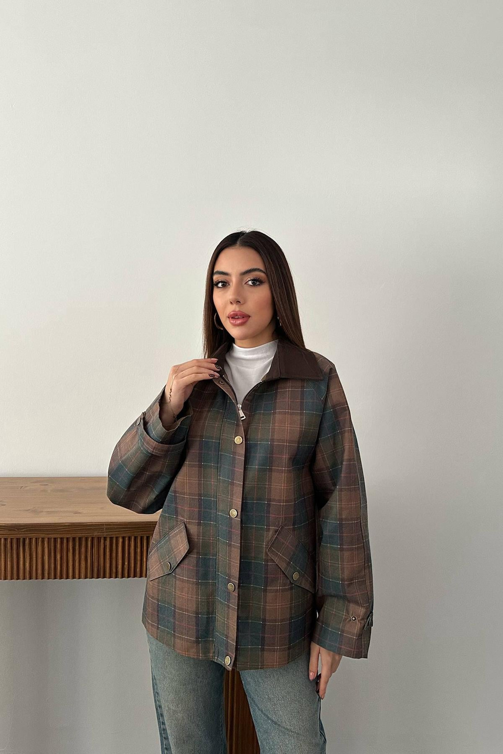Wholesale Burgundy Plaid Jacket with Contrast Collar