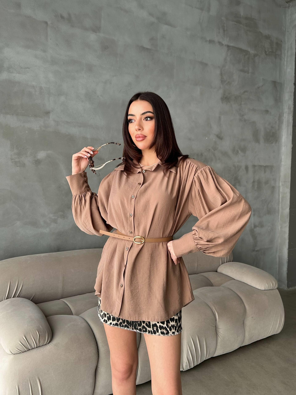 Wholesale Camel Modal Shirt with Belt