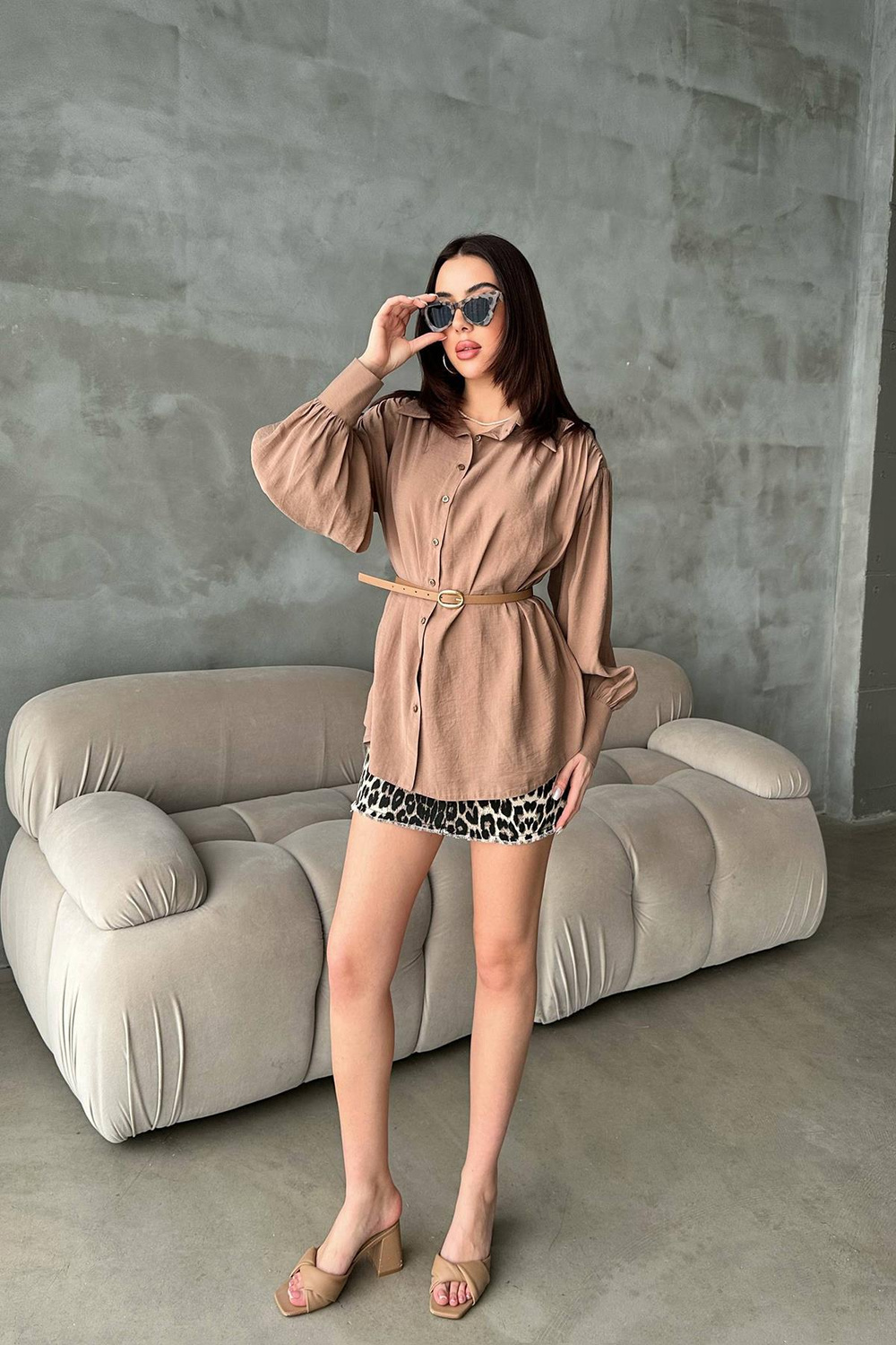 Wholesale Camel Modal Shirt with Belt
