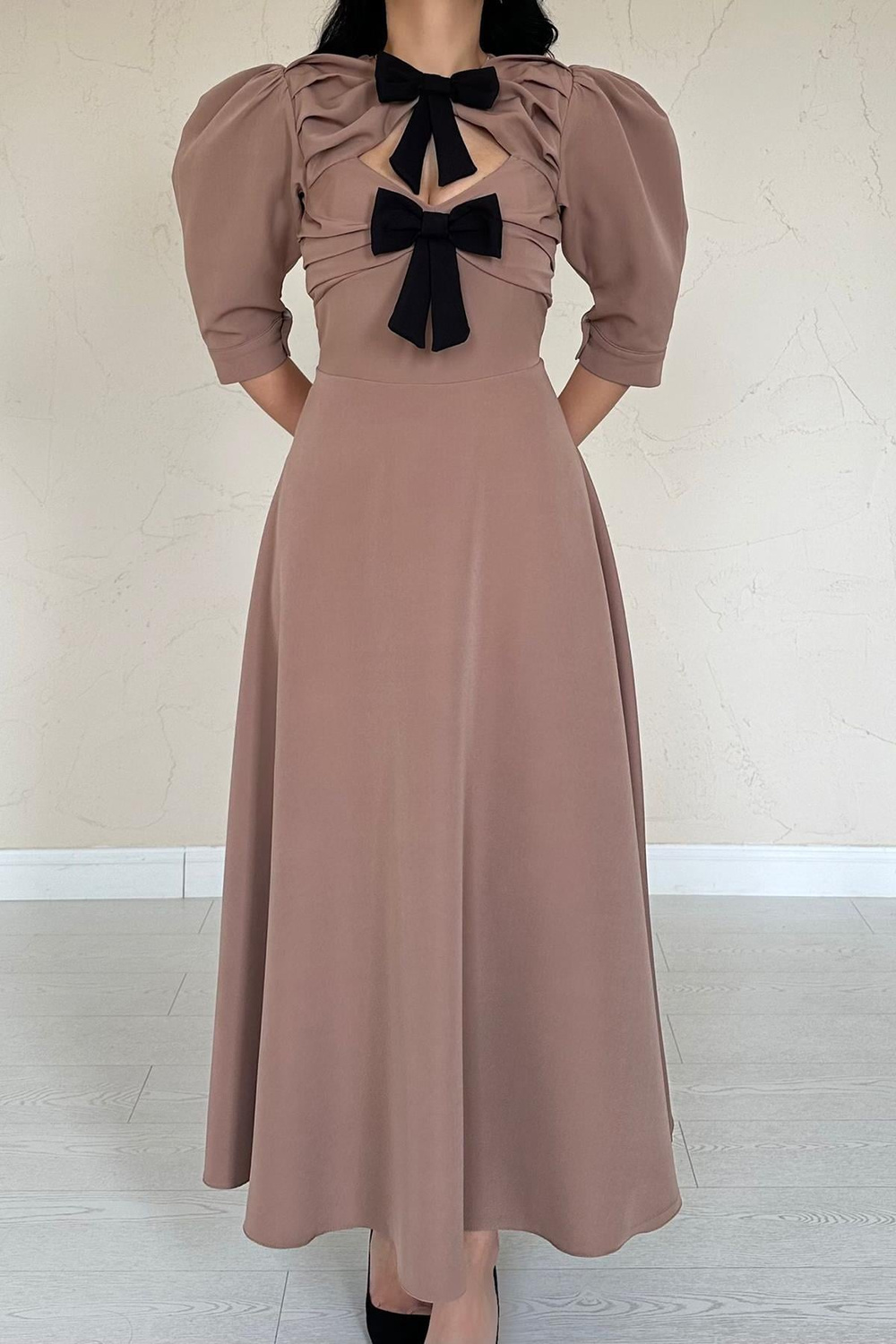 Wholesale Camel Front Decollete Long Dress with Bow