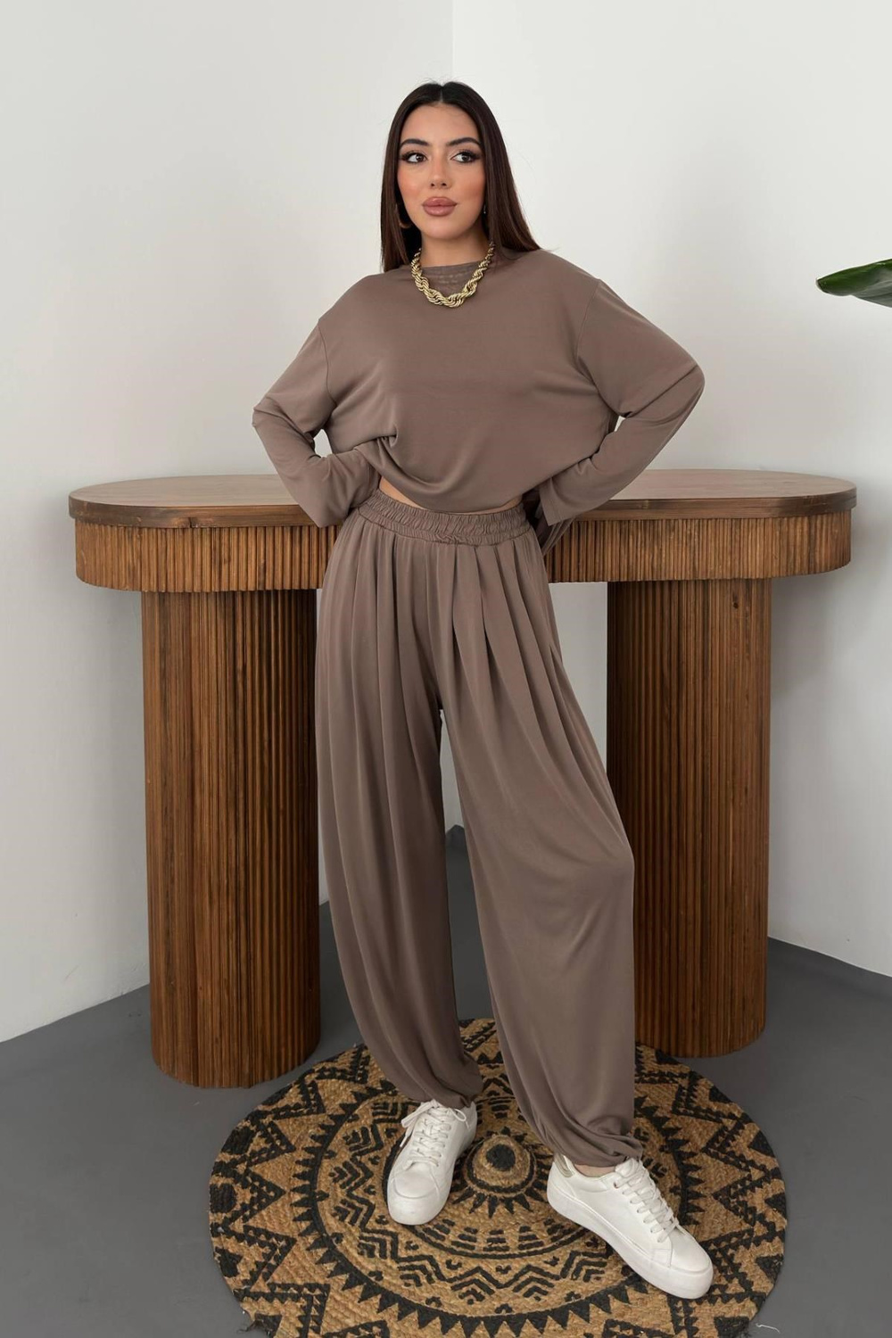 Wholesale Camel Long-Sleeve Top and Salwar Pants Set