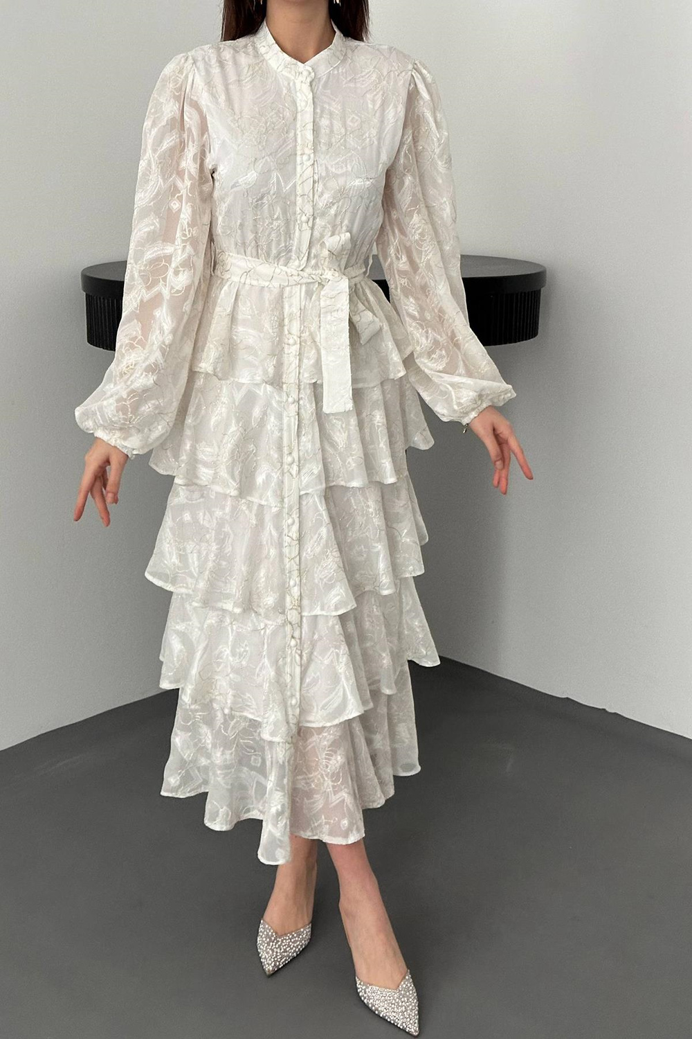 Wholesale Ecru Layered Jacquard Dress