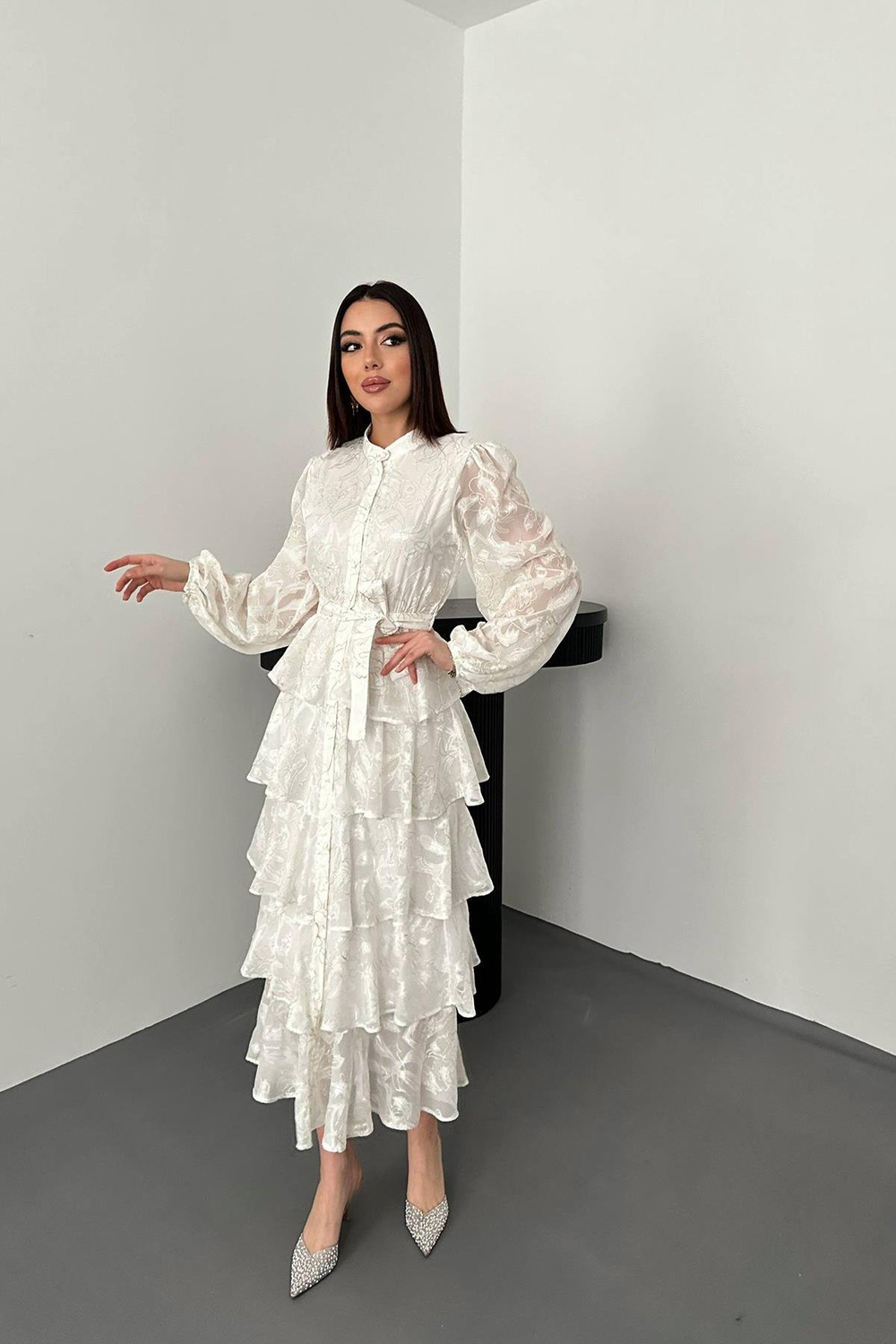 Wholesale Ecru Layered Jacquard Dress