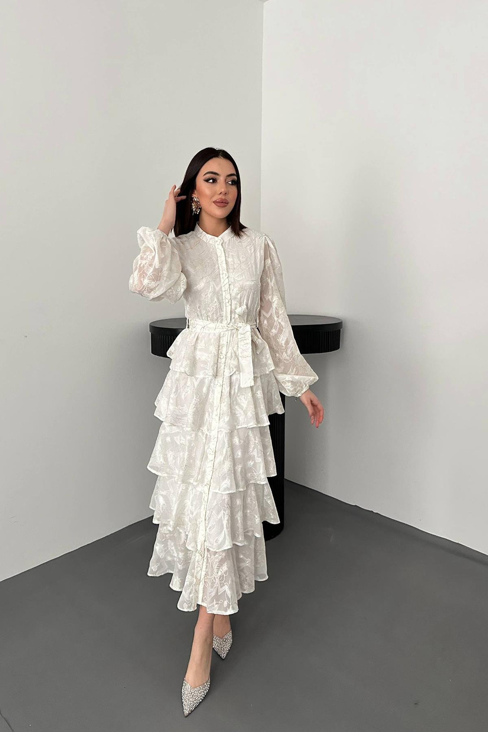 Wholesale Ecru Layered Jacquard Dress