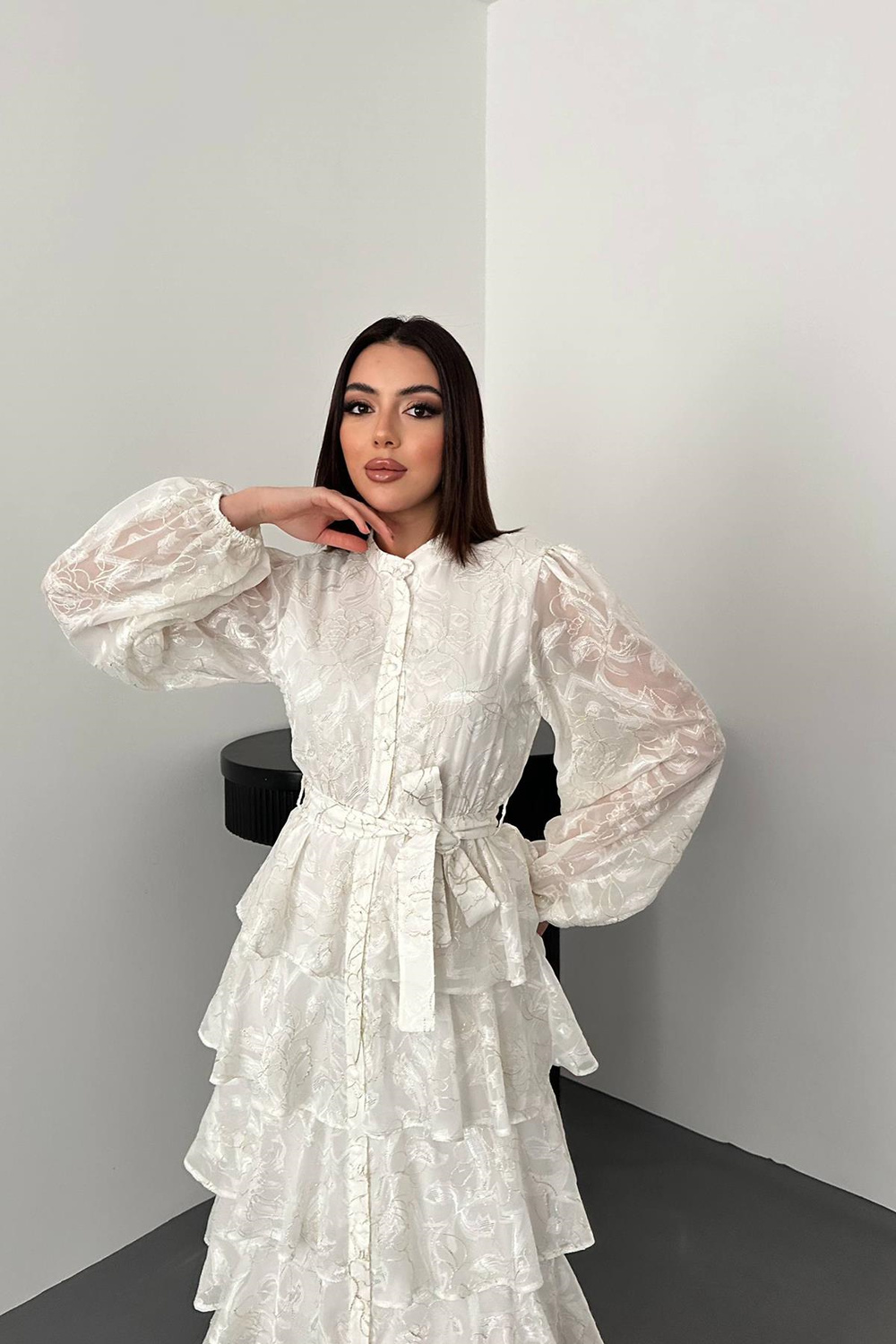 Wholesale Ecru Layered Jacquard Dress