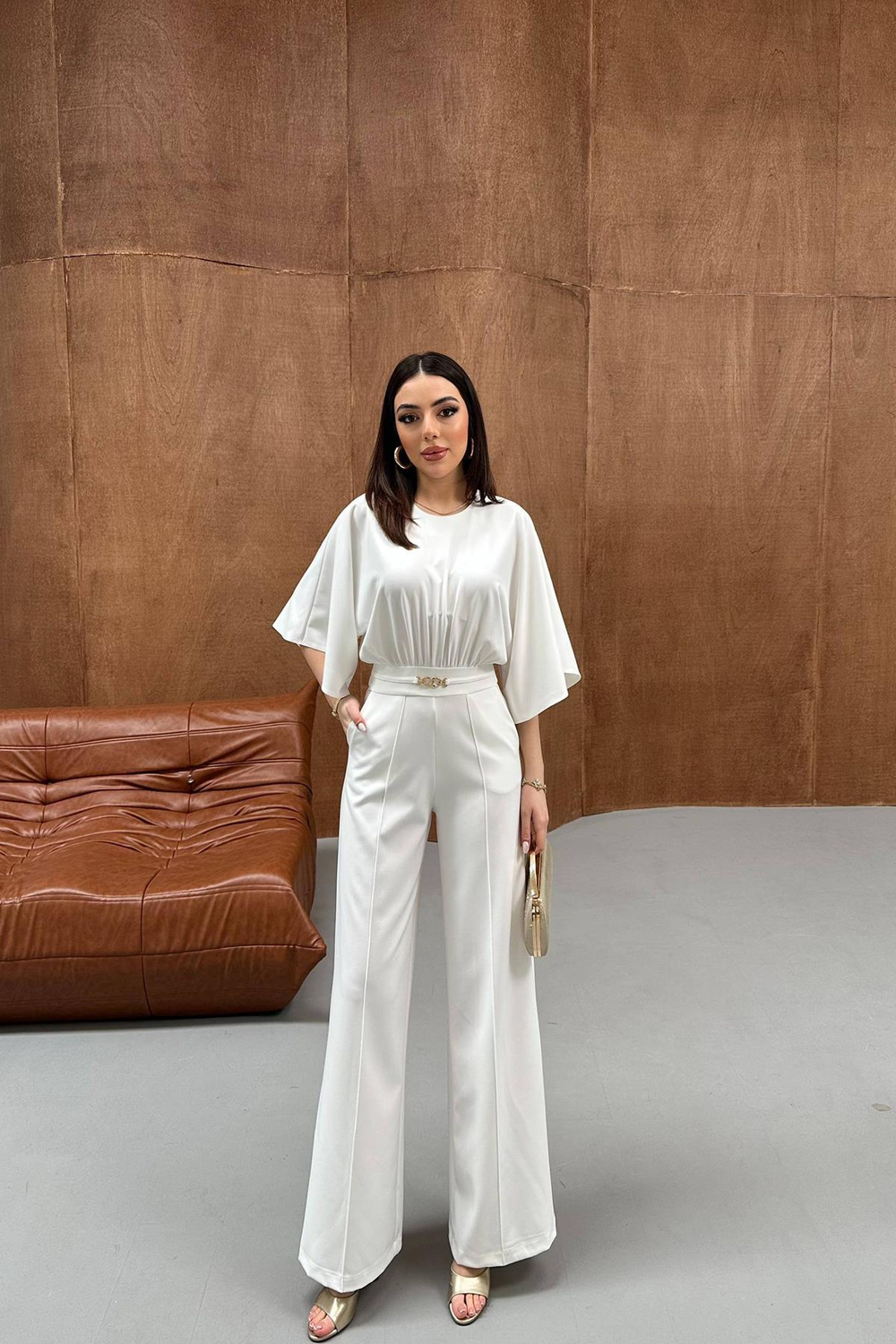 Wholesale Ecru Batwing Sleeve Jumpsuit with Belt