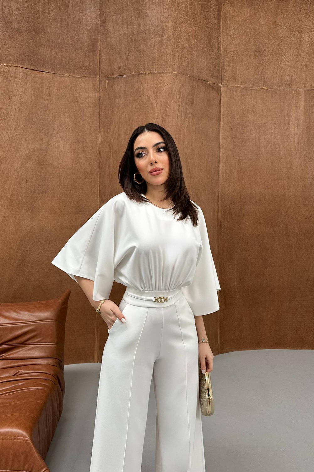 Wholesale Ecru Batwing Sleeve Jumpsuit with Belt