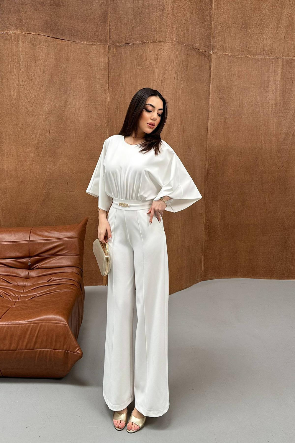 Wholesale Ecru Batwing Sleeve Jumpsuit with Belt