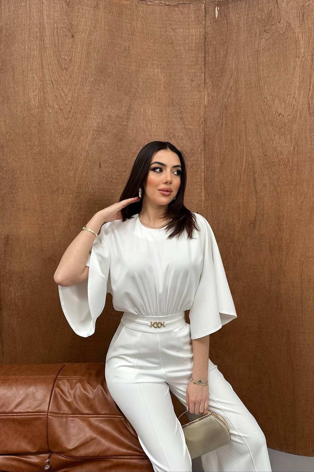 Wholesale Ecru Batwing Sleeve Jumpsuit with Belt