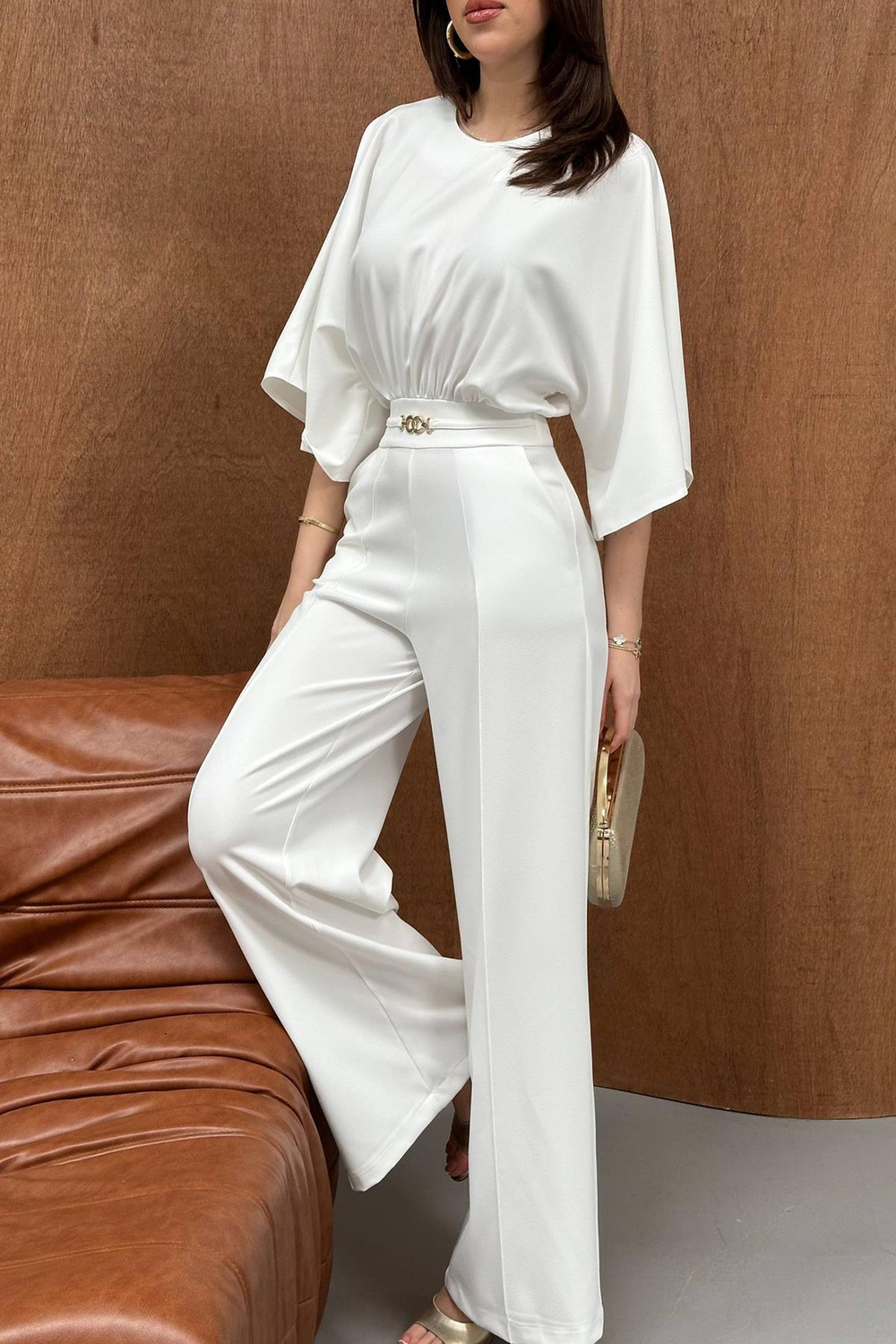 Wholesale Ecru Batwing Sleeve Jumpsuit with Belt