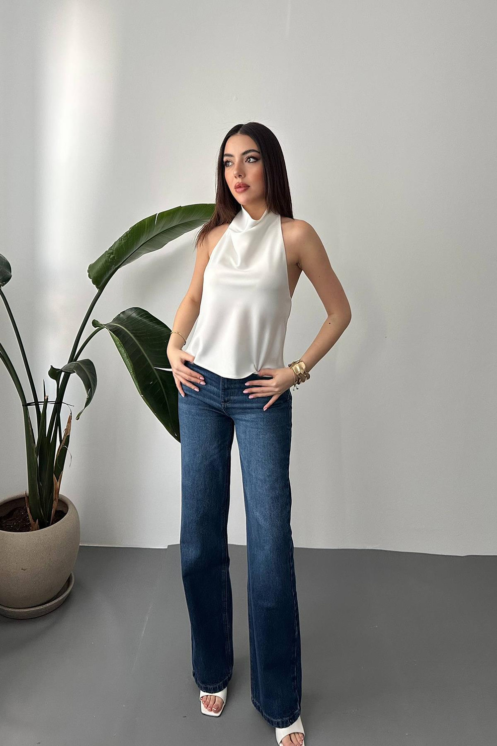 Wholesale Ecru Cowl-Neck Satin Blouse