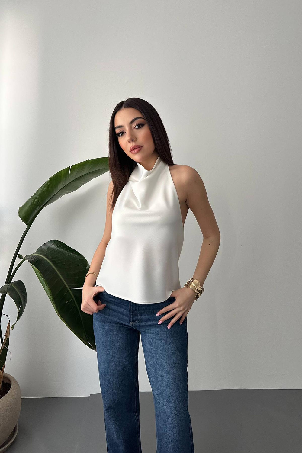 Wholesale Ecru Cowl-Neck Satin Blouse