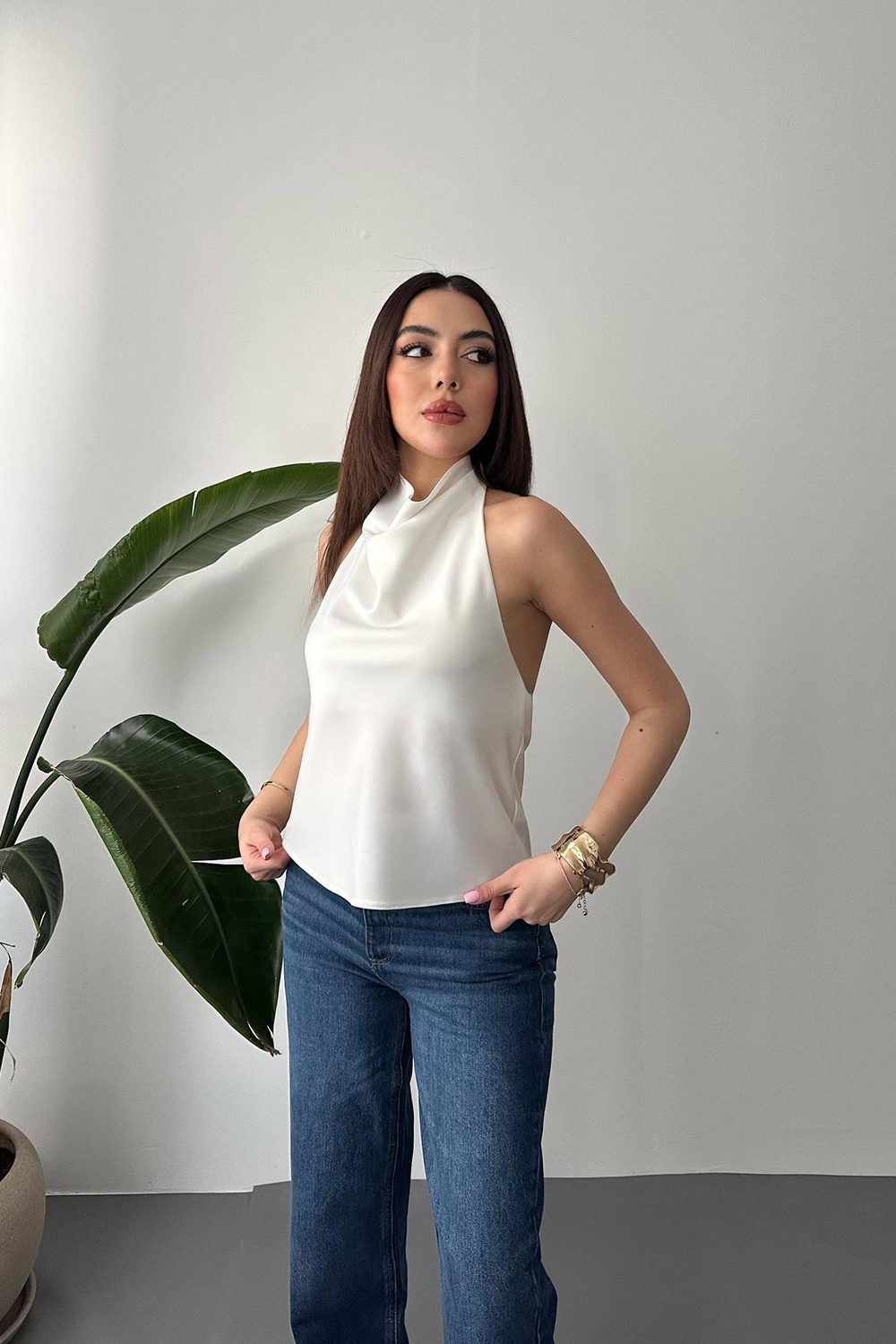 Wholesale Ecru Cowl-Neck Satin Blouse