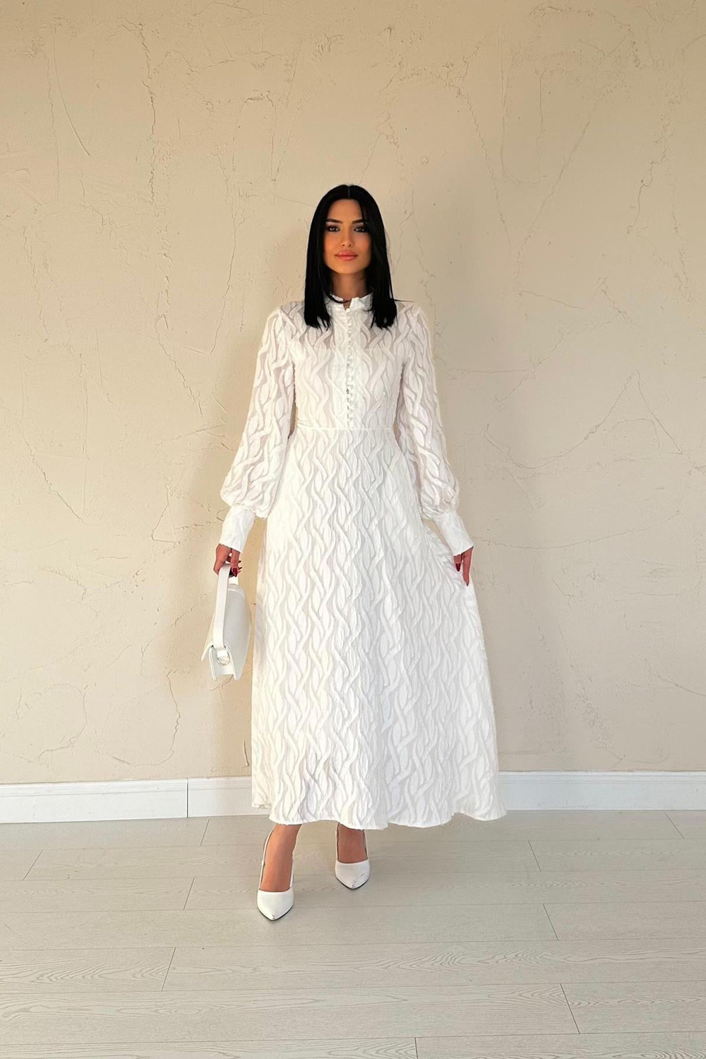 Wholesale Ecru Long Dress With Belt Detail
