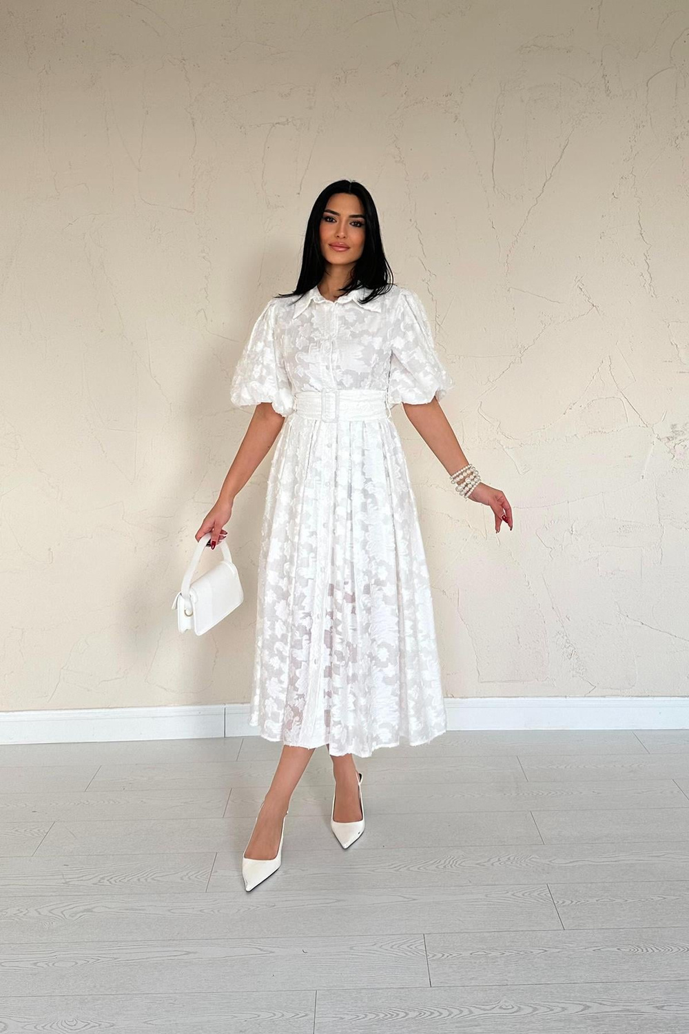 Wholesale Ecru Balloon-Sleeve Dress with Matching Belt