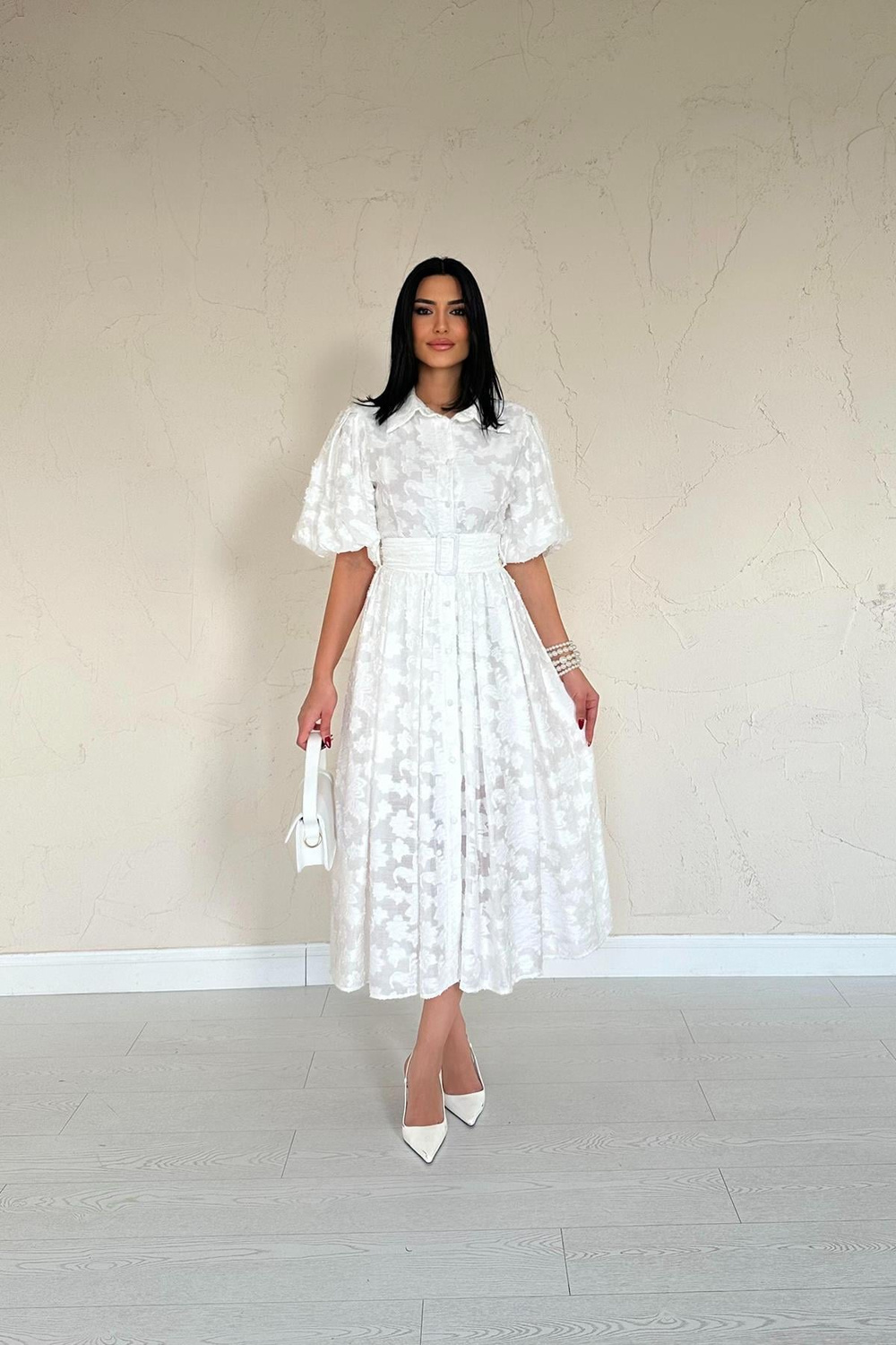Wholesale Ecru Balloon-Sleeve Dress with Matching Belt