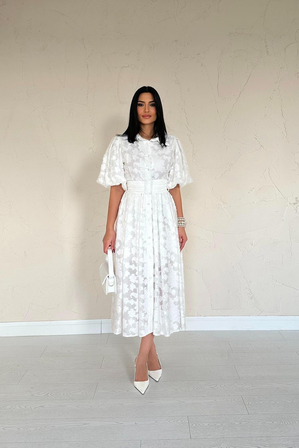Wholesale Ecru Balloon-Sleeve Dress with Matching Belt
