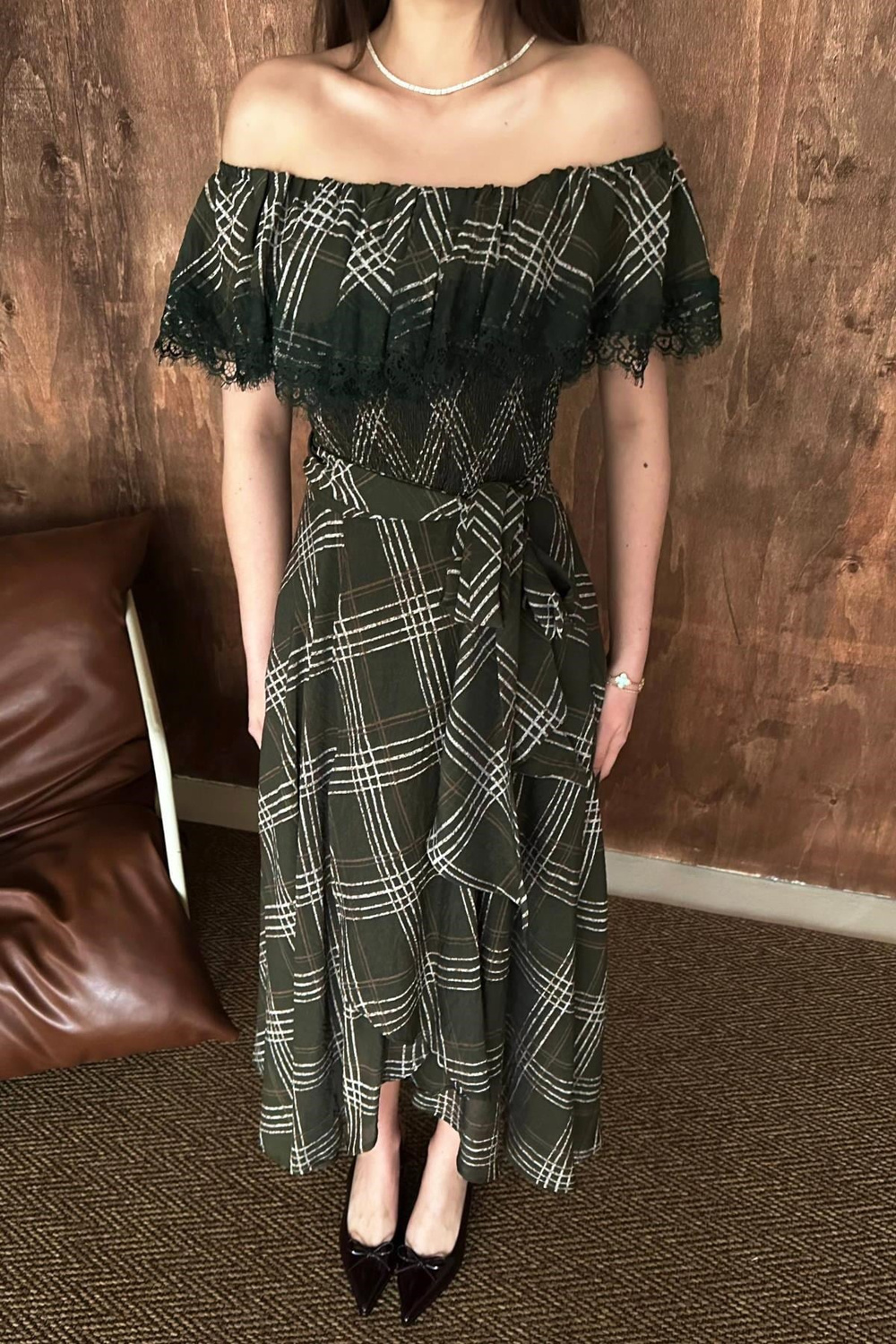 Wholesale Khaki Plaid Dress with Lace Trim