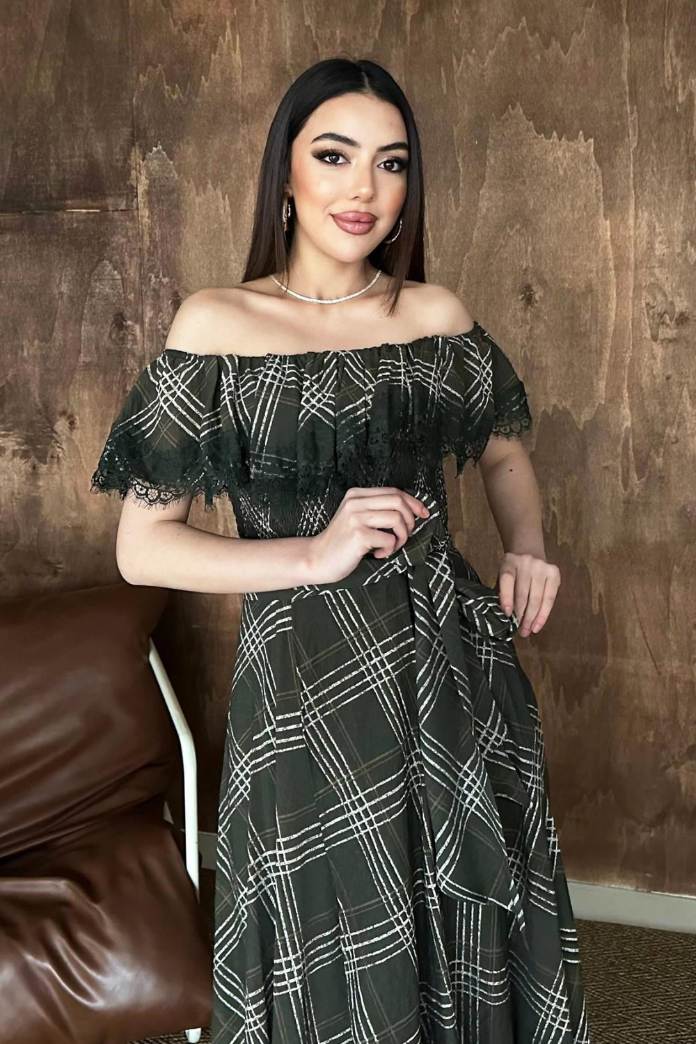 Wholesale Khaki Plaid Dress with Lace Trim