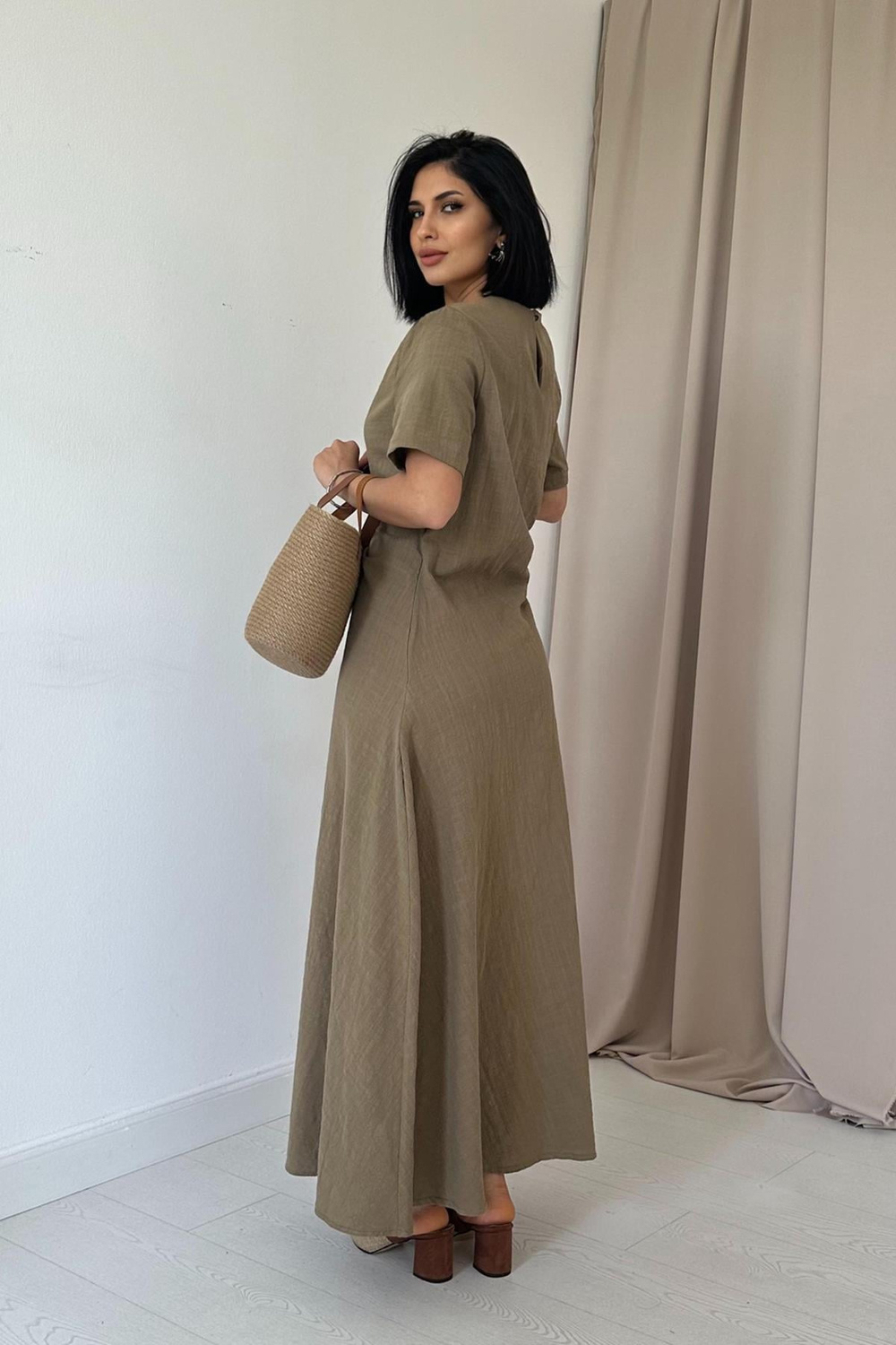 Wholesale Khaki Crew-Neck Dress