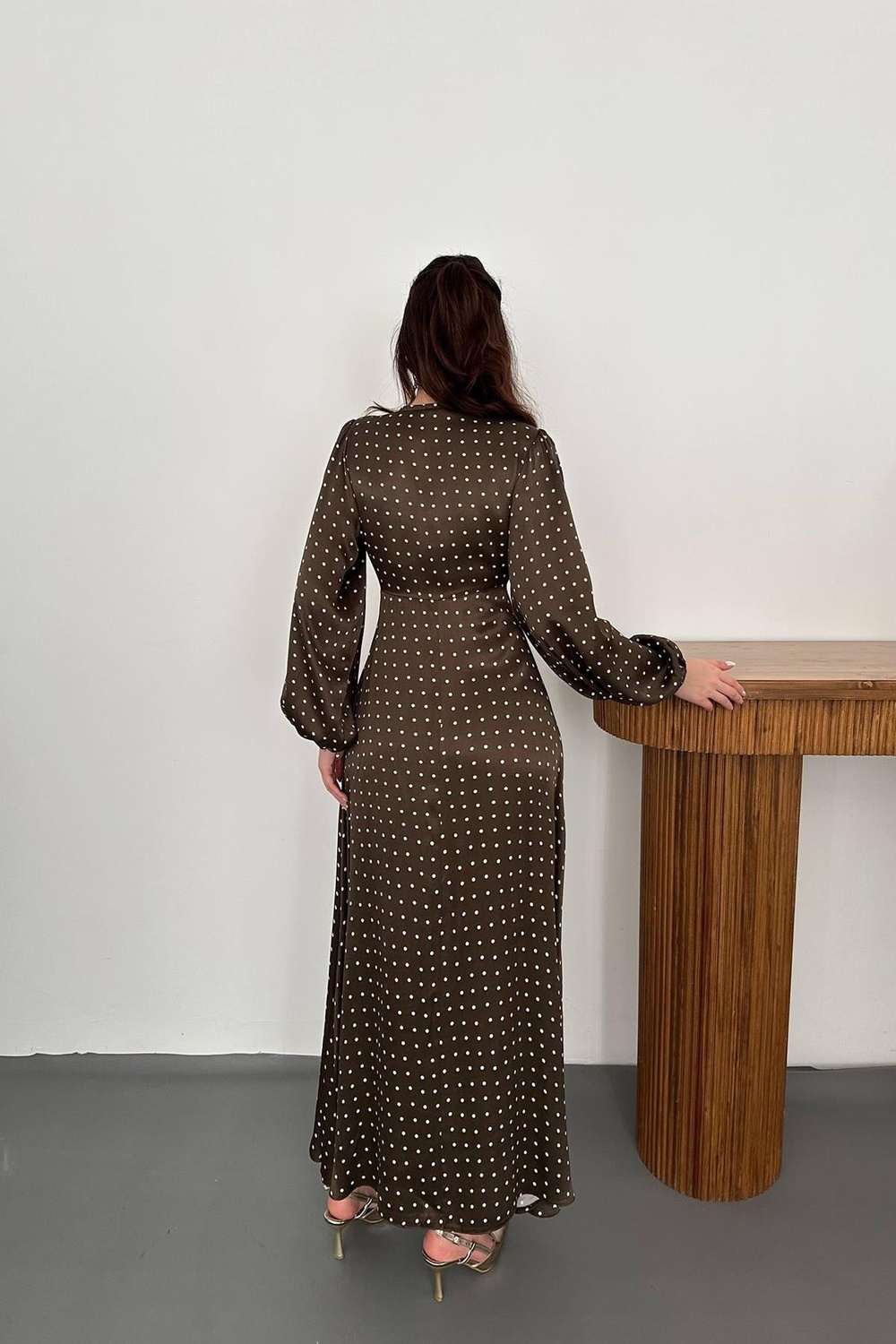 Wholesale Khaki Satin Polka Dot Dress with Lace Trim