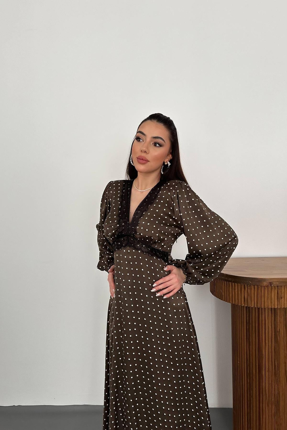 Wholesale Khaki Satin Polka Dot Dress with Lace Trim