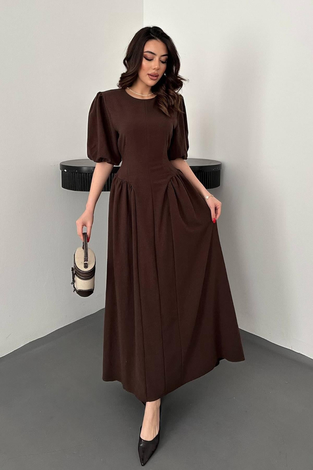 Wholesale Brown Lantern-Sleeve Linen Dress
