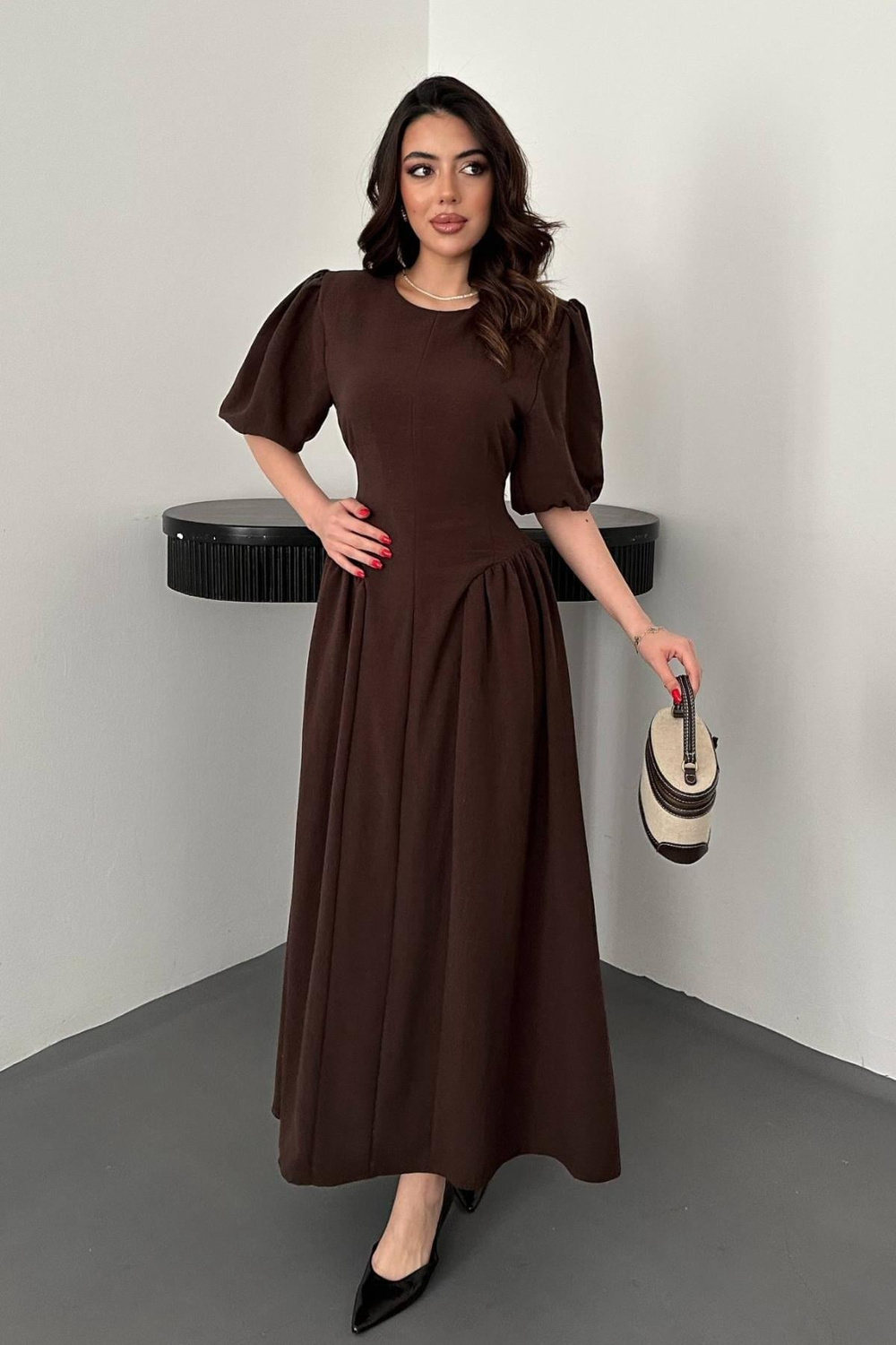 Wholesale Brown Lantern-Sleeve Linen Dress
