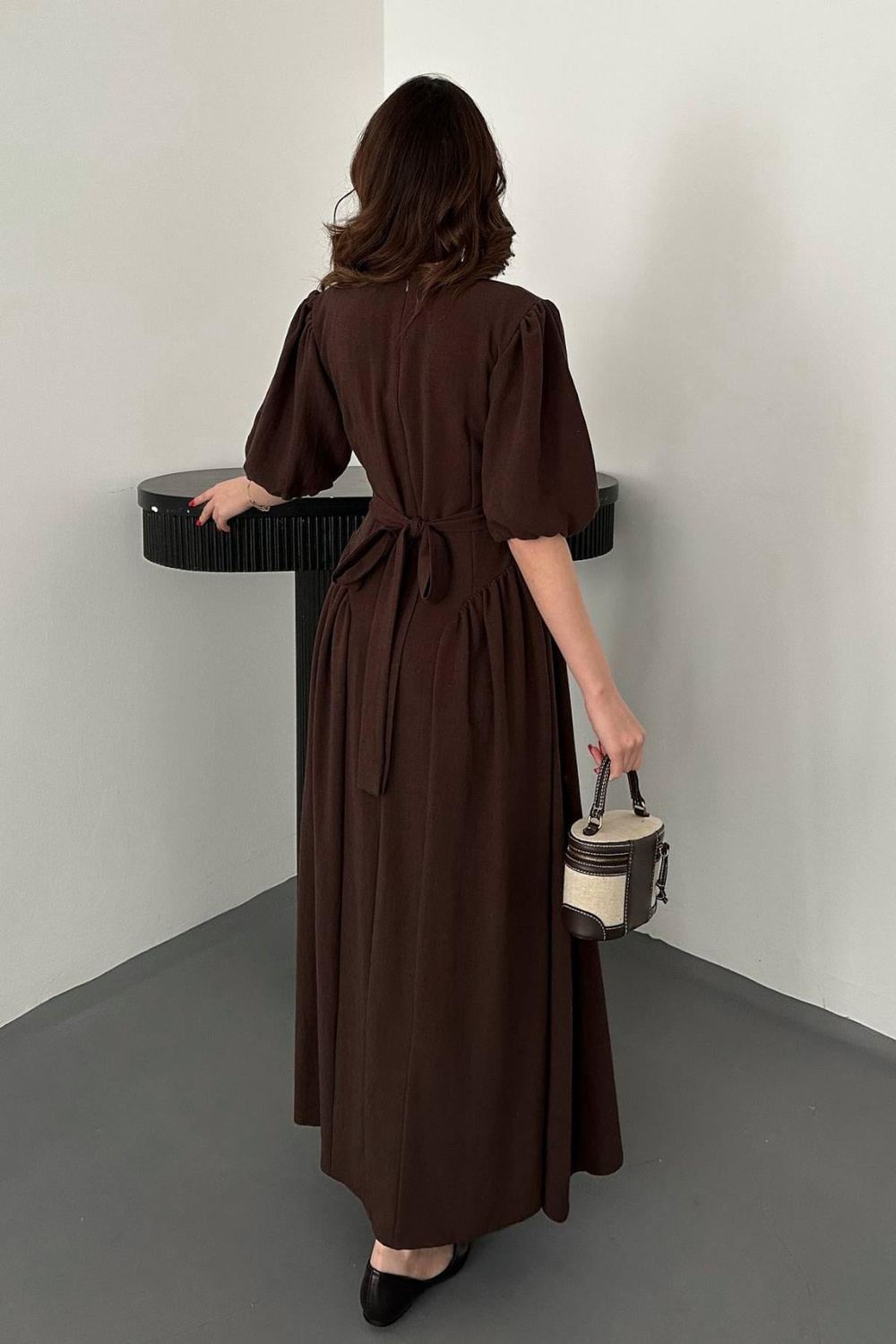 Wholesale Brown Lantern-Sleeve Linen Dress