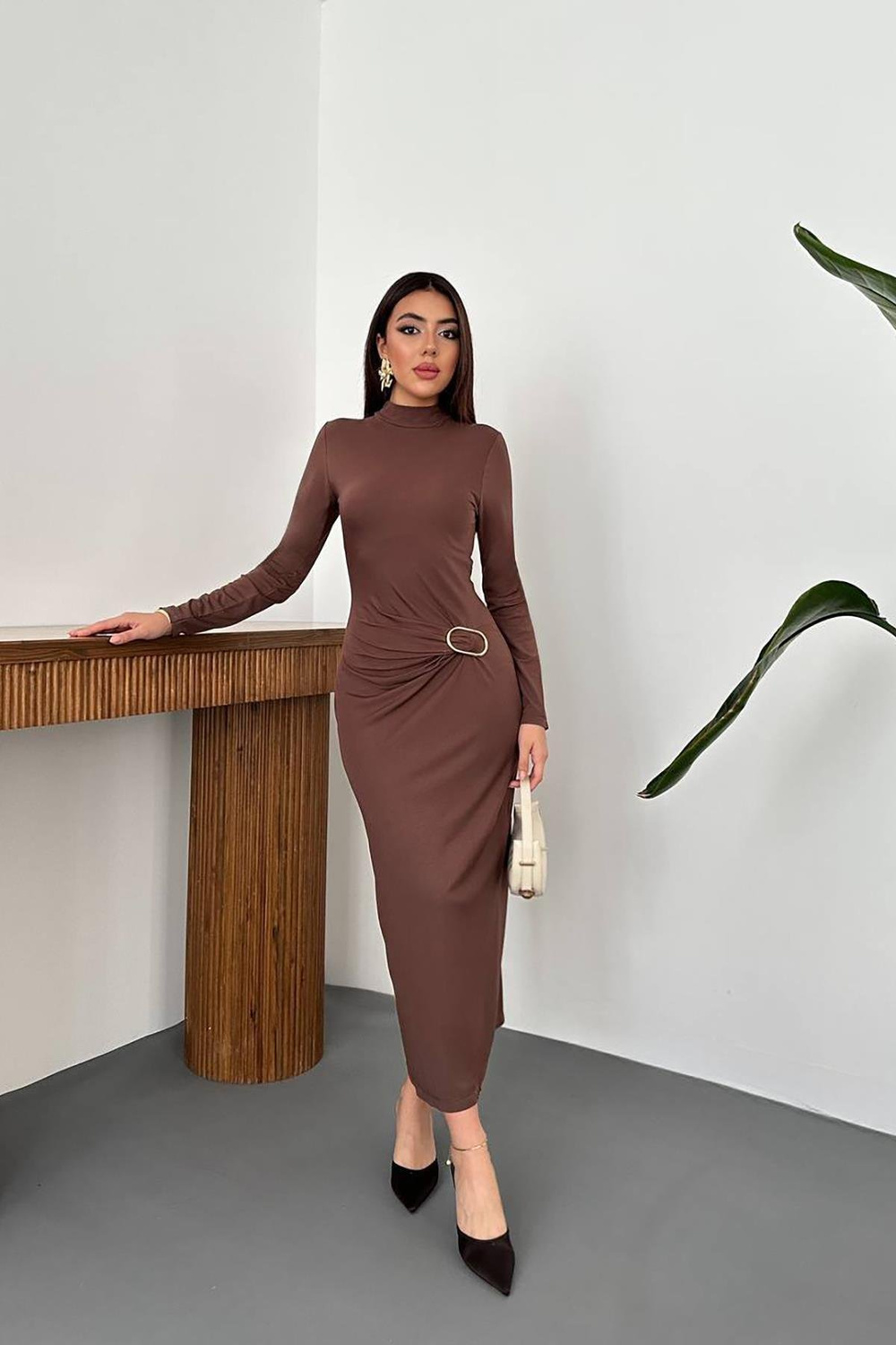 Wholesale Brown Dress with Buckle Waist