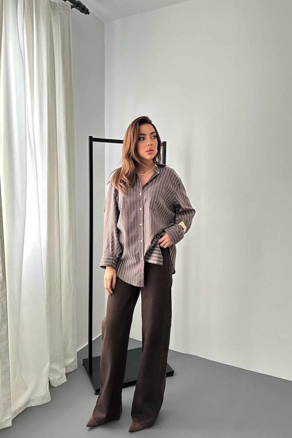 Wholesale Brown Striped Loose-Fit Shirt