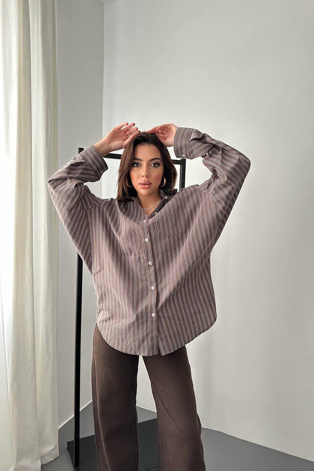 Wholesale Brown Striped Loose-Fit Shirt