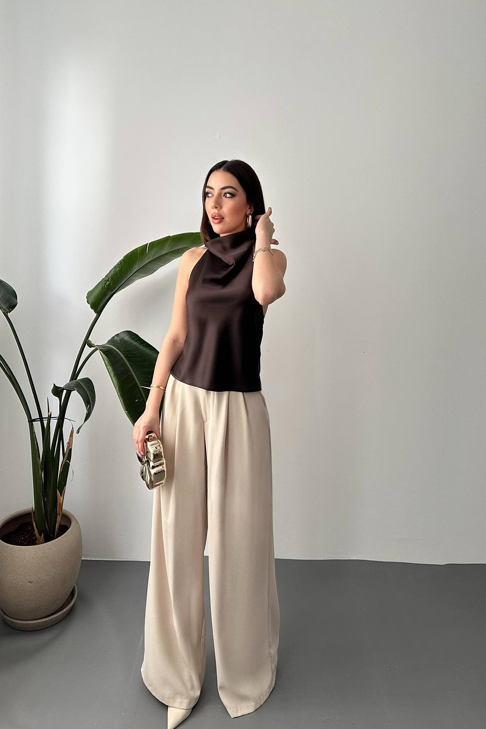 Wholesale Brown Cowl-Neck Satin Blouse